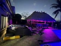 Large outdoor seating, tiki bar, pool