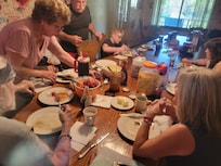 Large dining area with a lot of (real) dishes (provided)