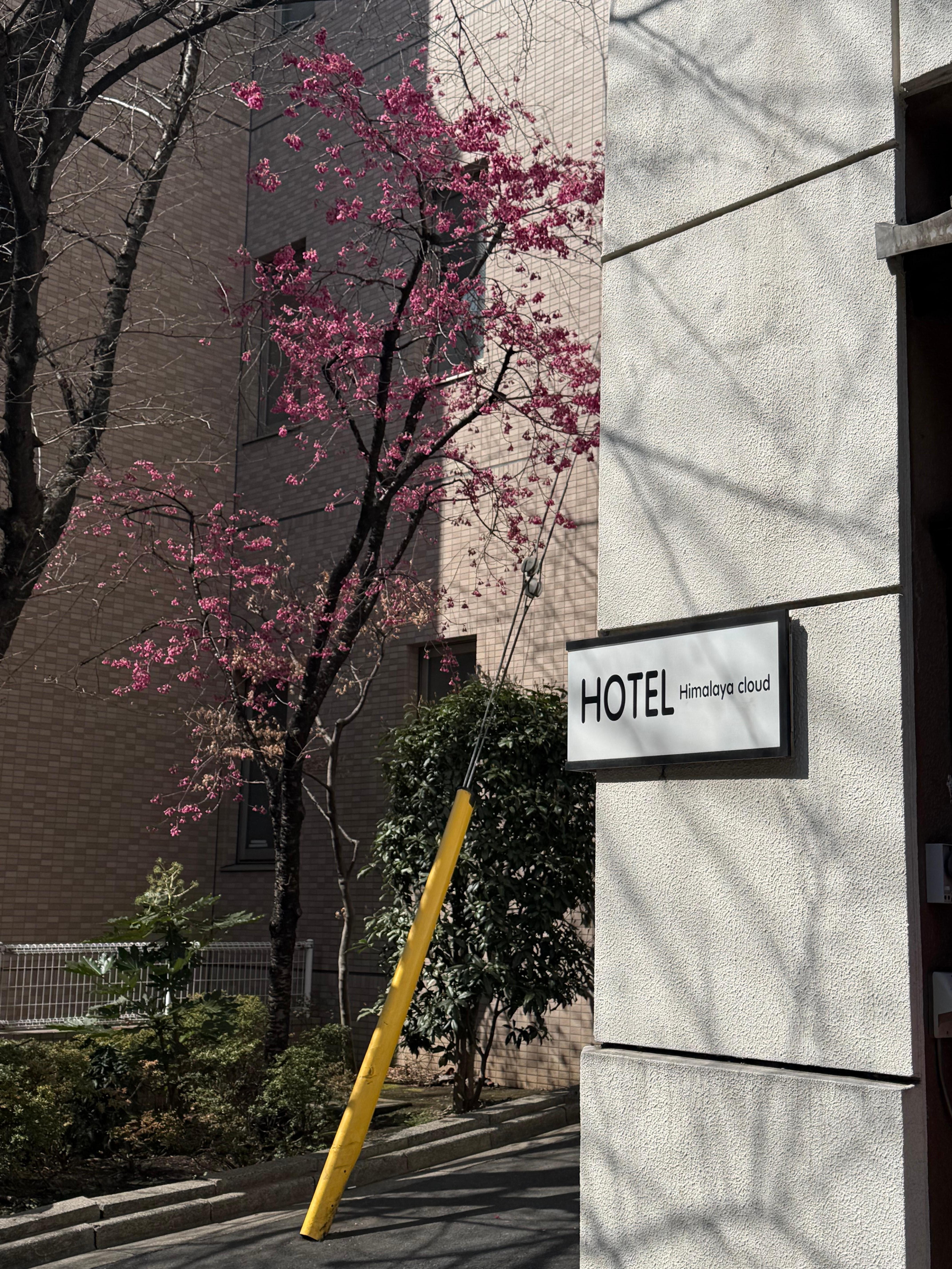 At the sidewalk, you take a few steps up the side street to the left of the sign for the entrance of the hotel lobby.