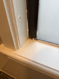 Window cell pretty beat up in the bathroom