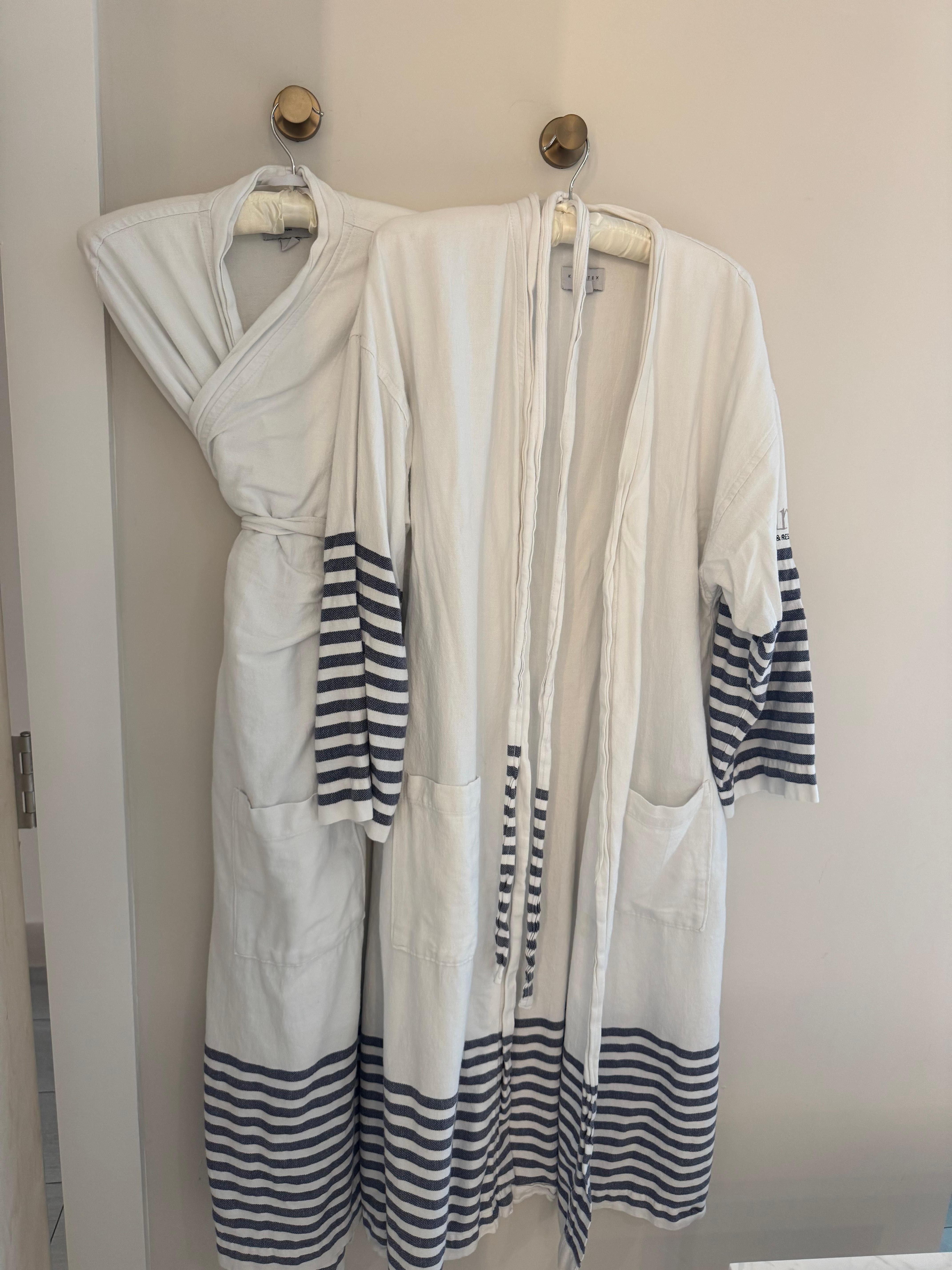Robes didn’t have enough material to close in front and also not soft material. There were slippers in the closed which I found when we were leaving. We didn’t try them. 