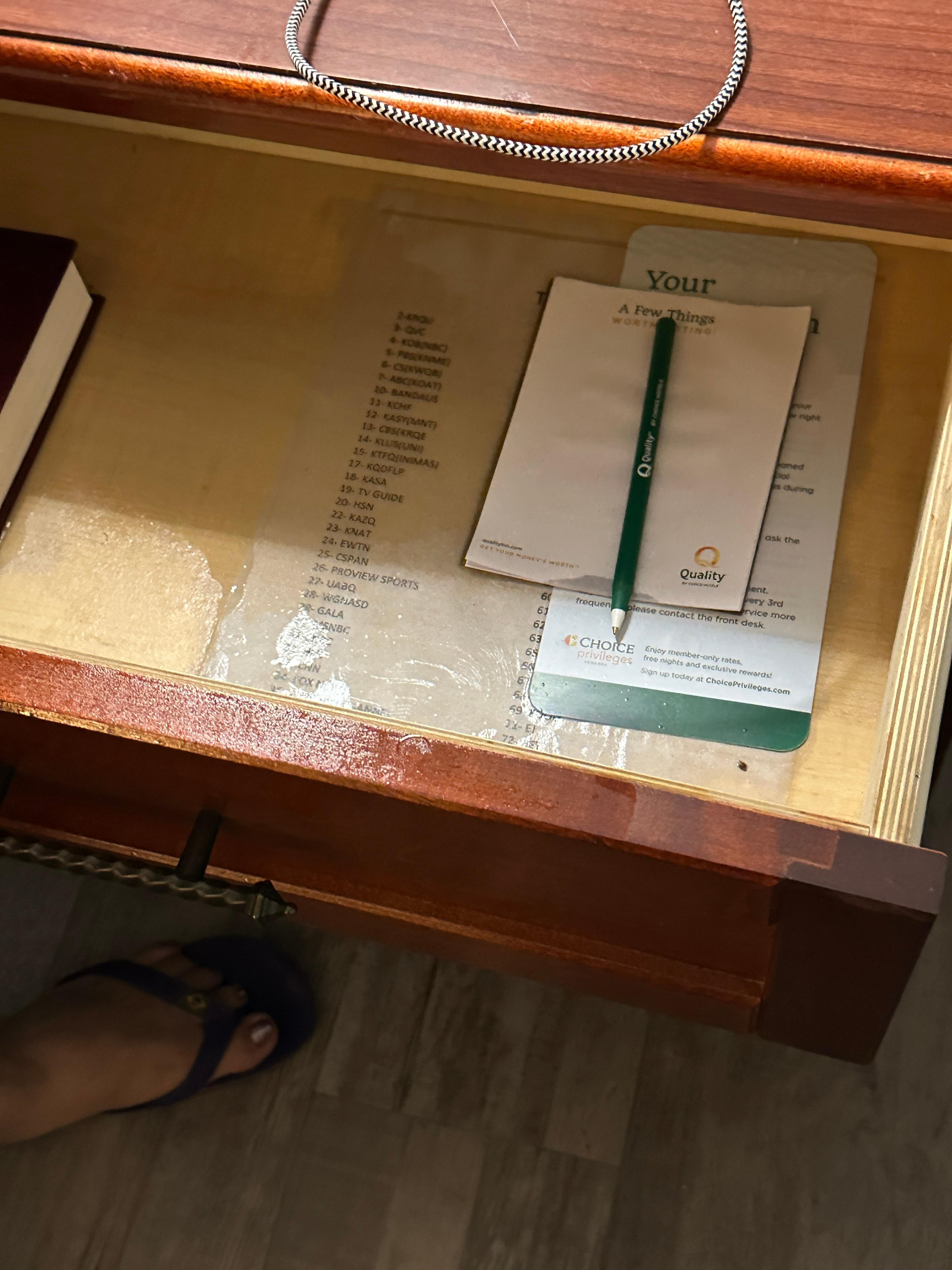 Night stand was full of water and the top was sticky.