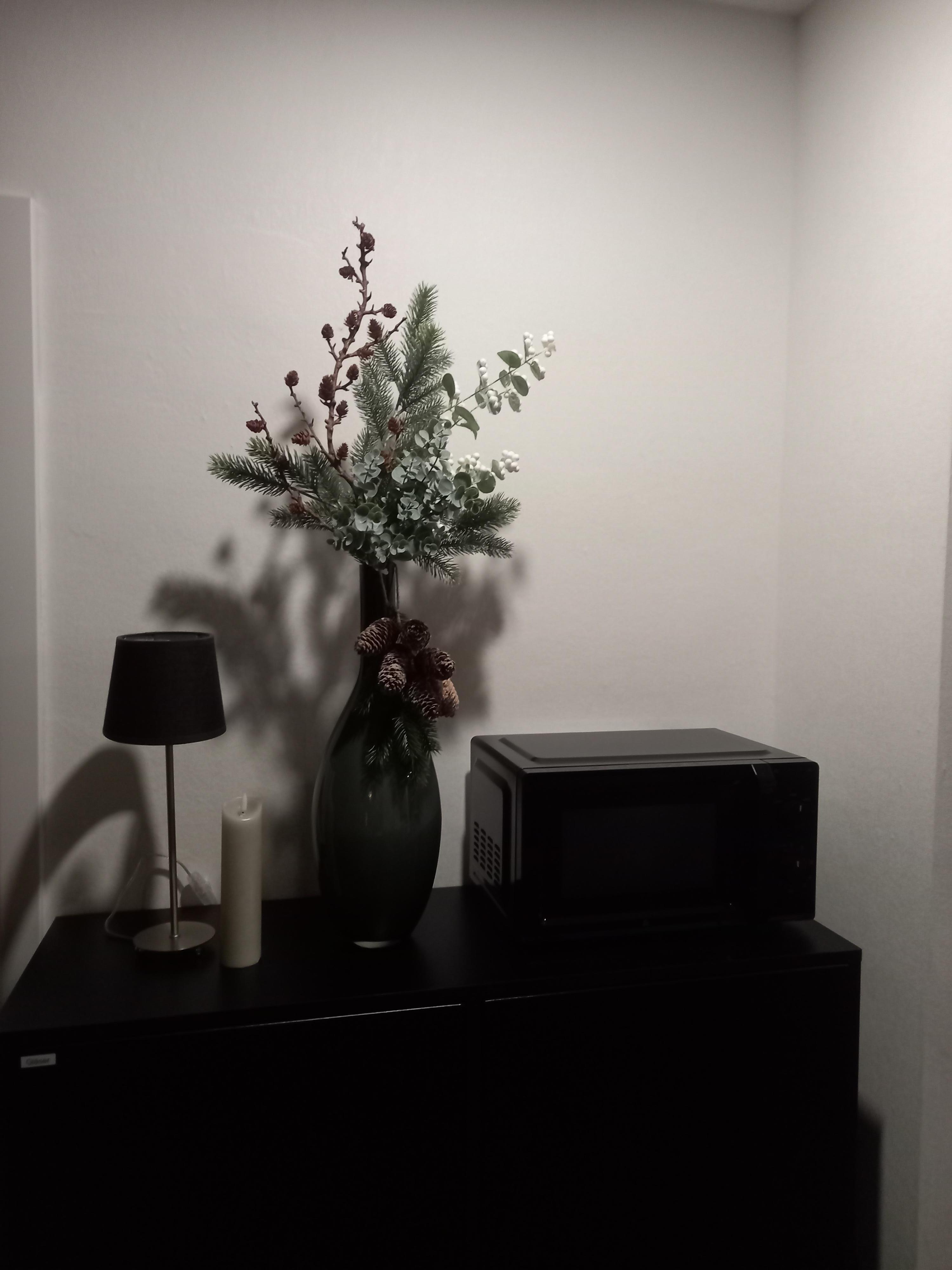 Kleiner Schrank, Mikrowelle und Deko