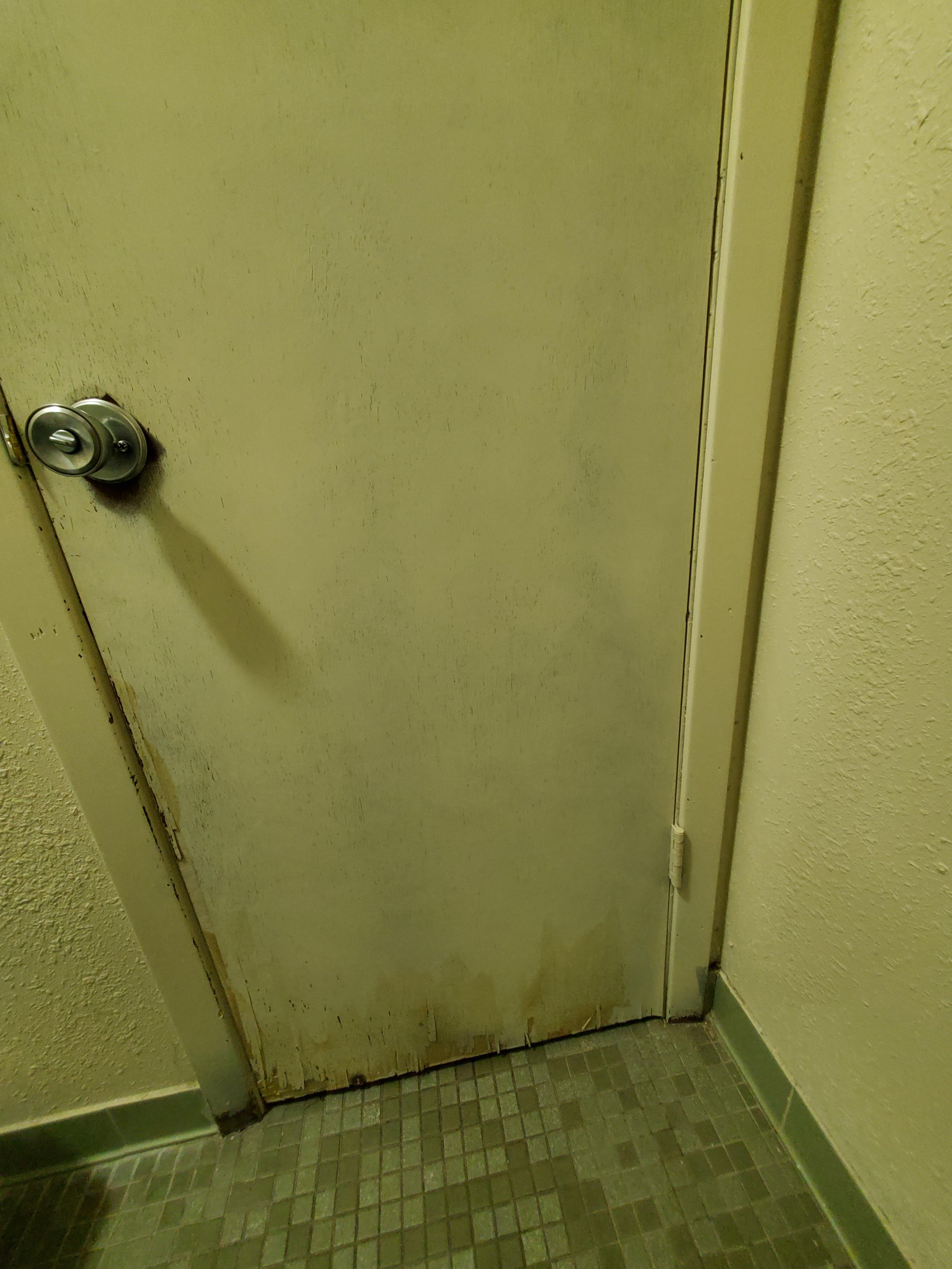 Stained and damaged bathroom door