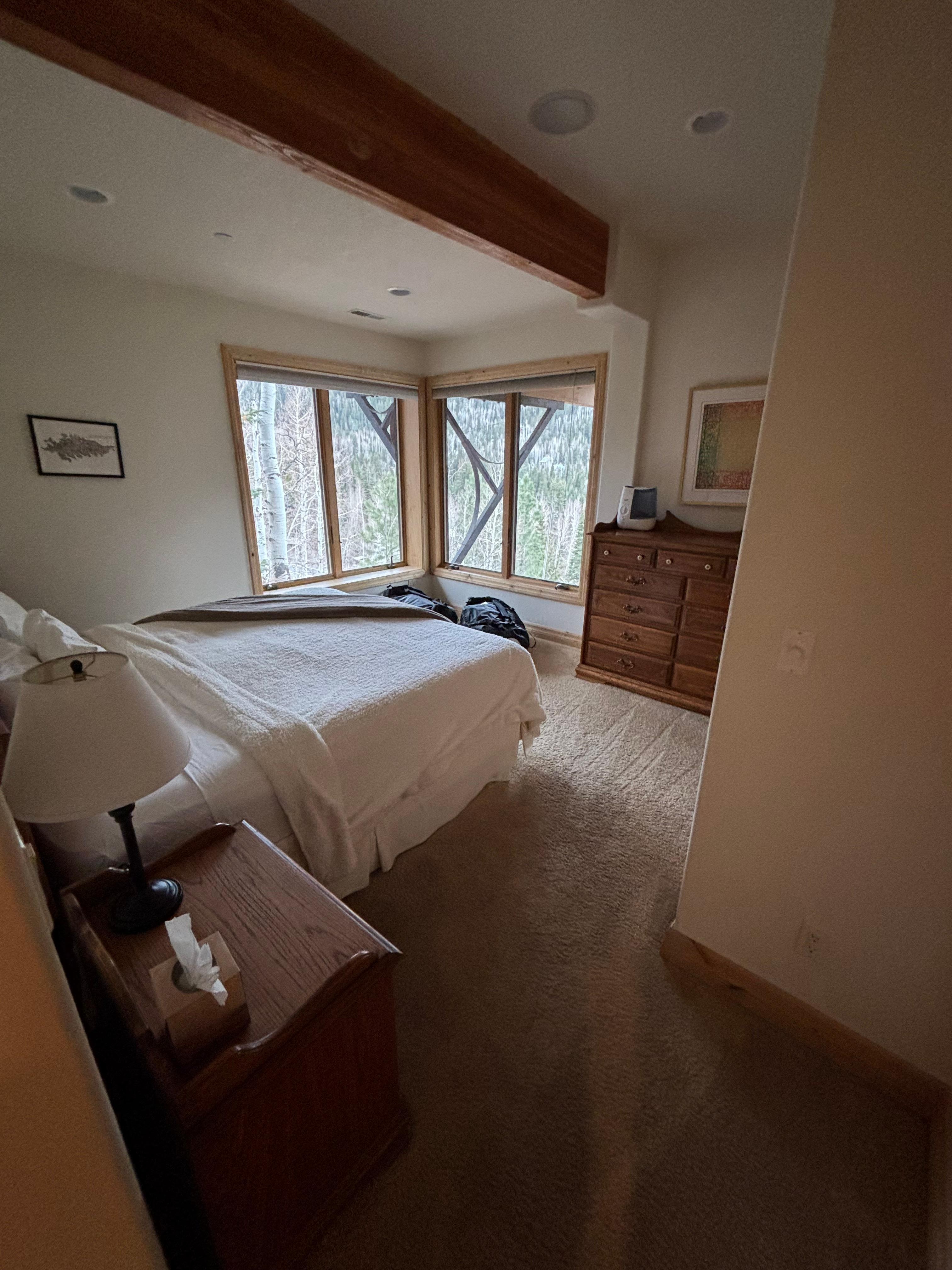 Downstairs 2bdrm apartment primary bedroom (king) with great views from the windows.