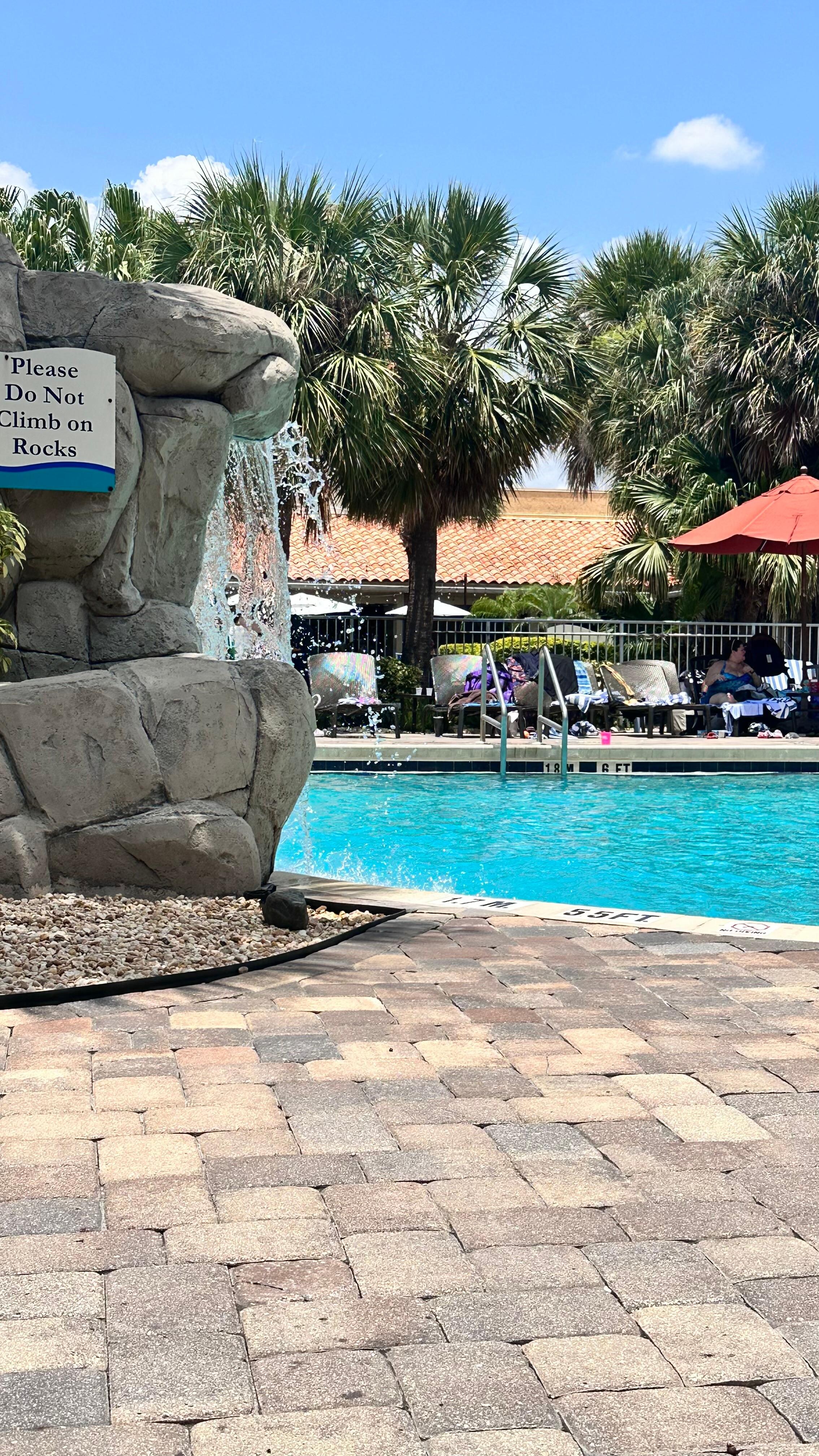 Waterfall feature at one of the two pools