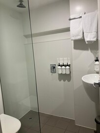 Standard room shower without a door or curtain