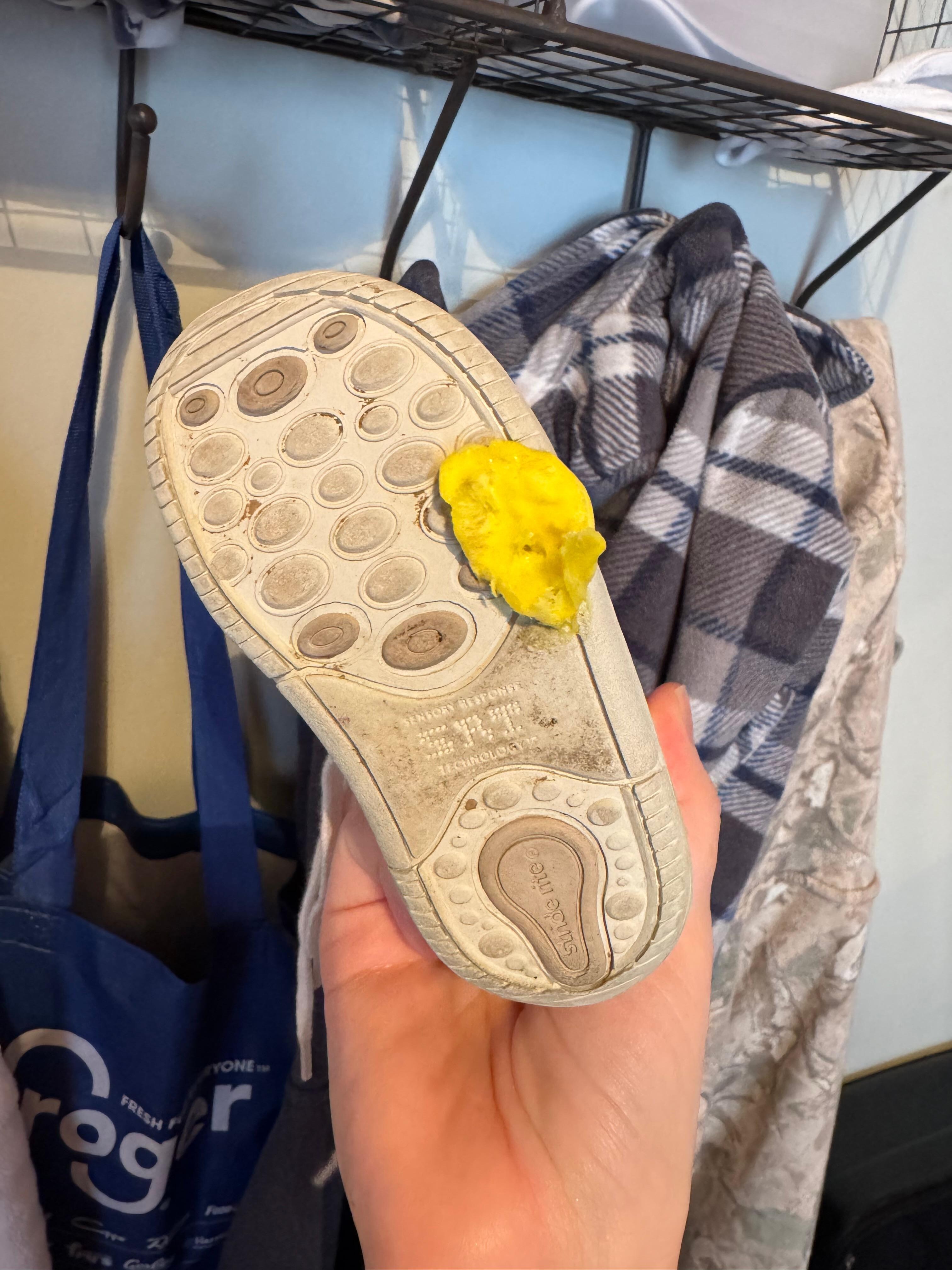 Gum on my son’s shoe. So clearly this place isn’t dusted or cleaned! This is the shelf used for clothes storage since there are no dressers or closets. 