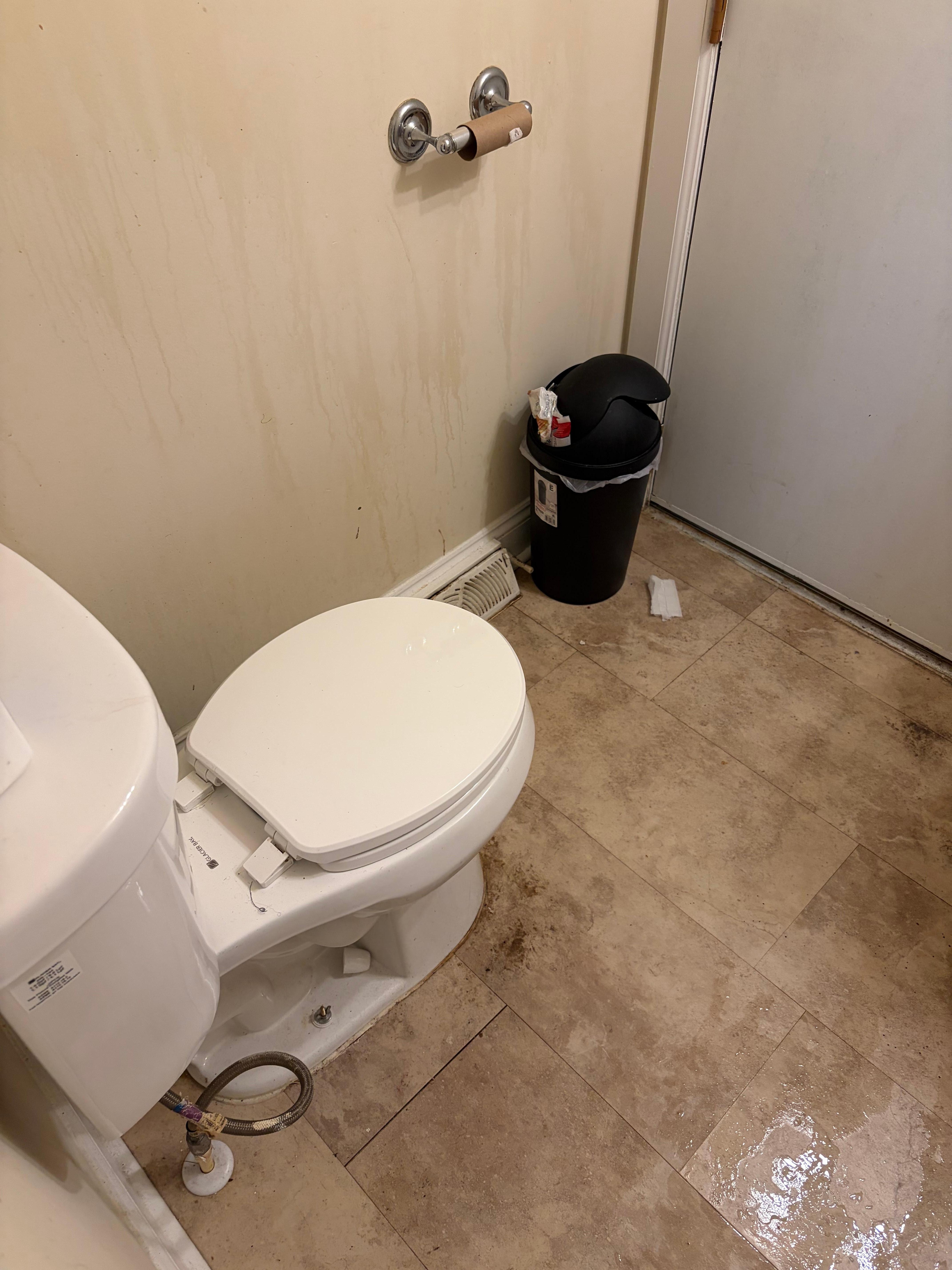 Bathroom with no toilet paper, overflowing trash and mystery stains
