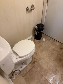 Bathroom with no toilet paper, overflowing trash and mystery stains