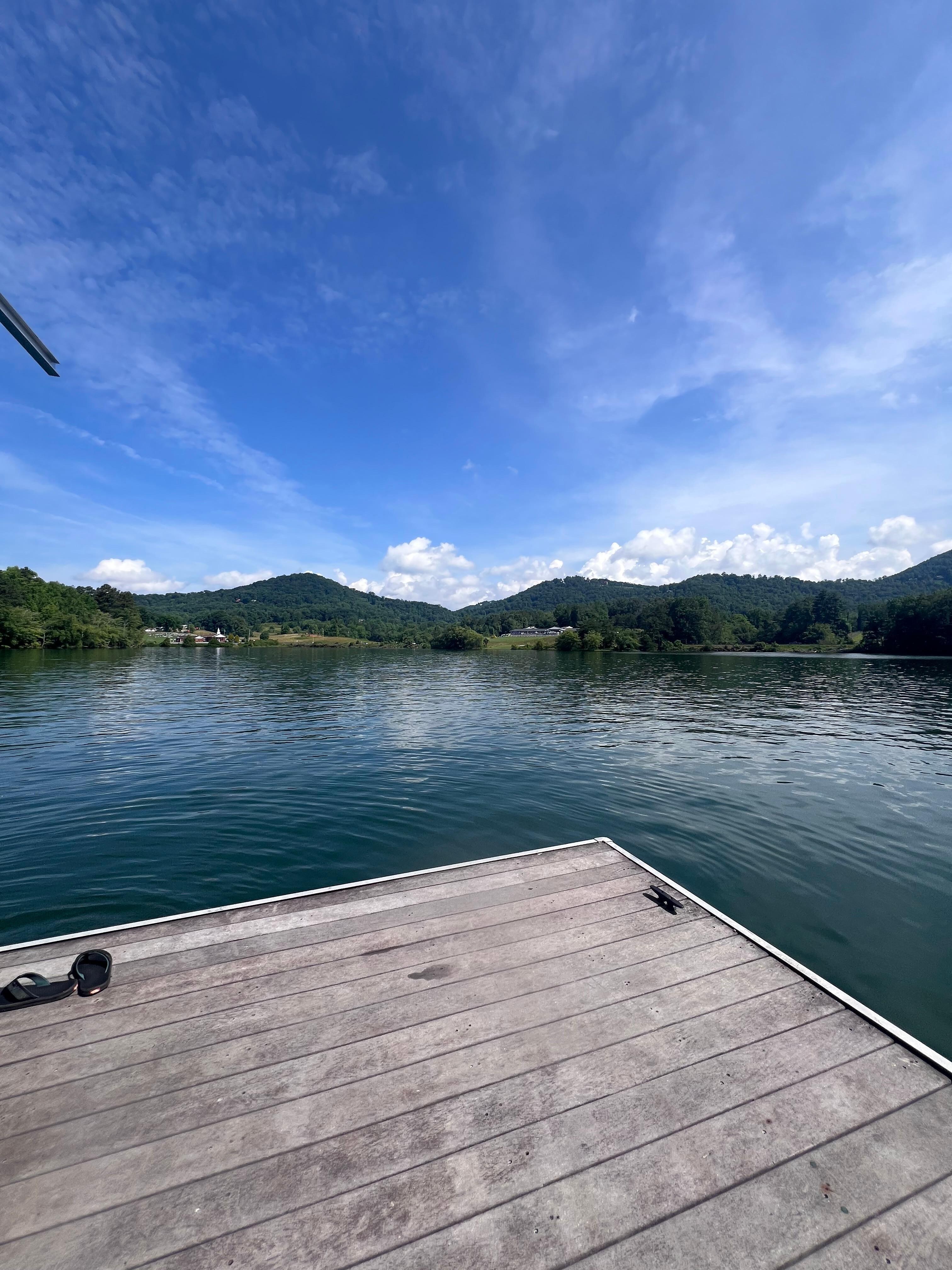 Dock view of mountains. 