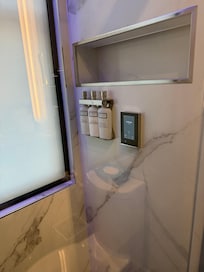 The shower is temperature controlled by a digital panel has a rainfall shower, a regular overhead and a spray wand they have luxury bath amenities made from goat milk