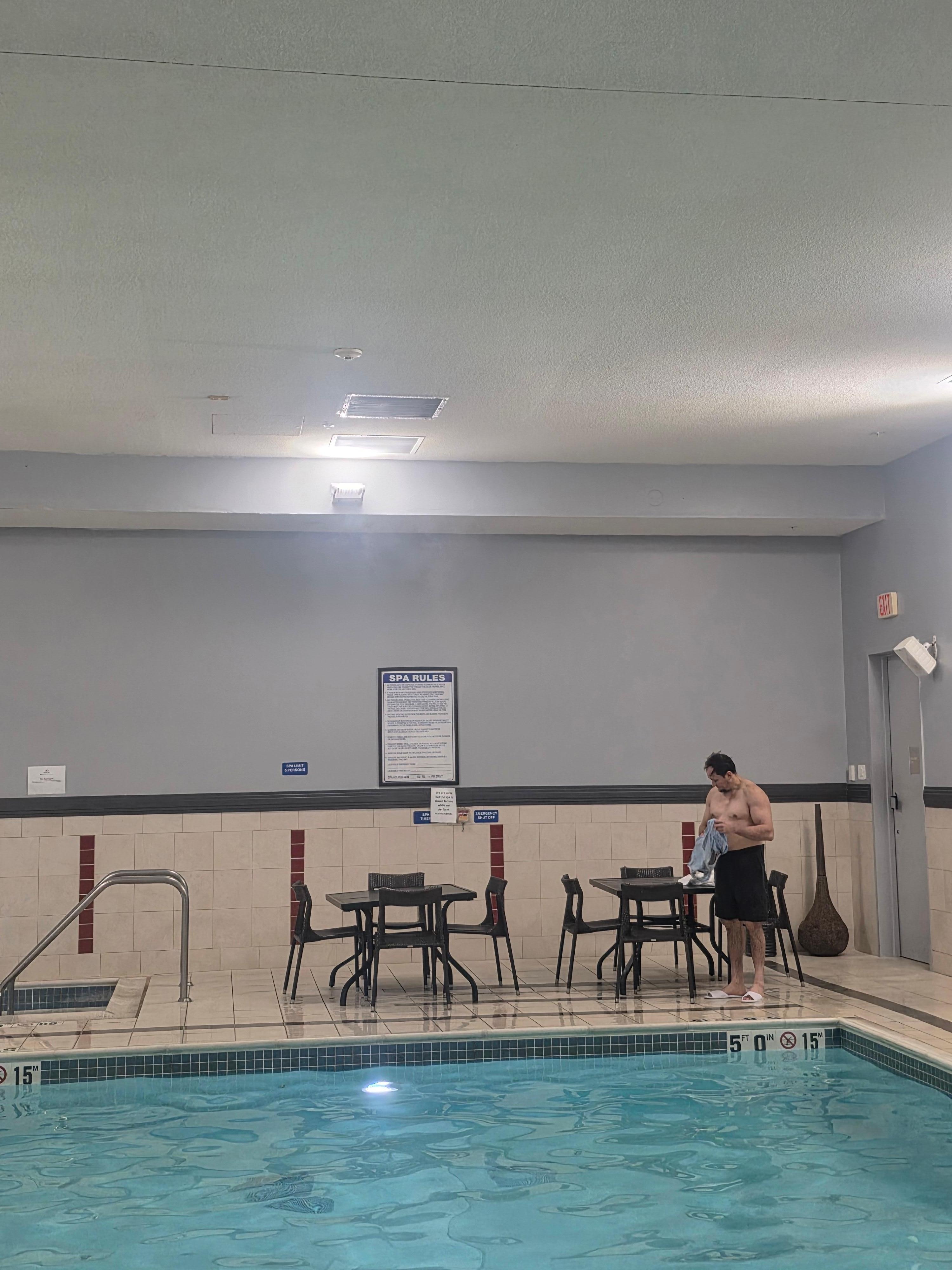 Cold air was BLOWING into the pool area from a ceiling vent and the hot tub was under rapair, but we were not alerted to that point when checking in. Had we known, we wouldn't have changed into our suits and paraded through the hotel to be more cold.