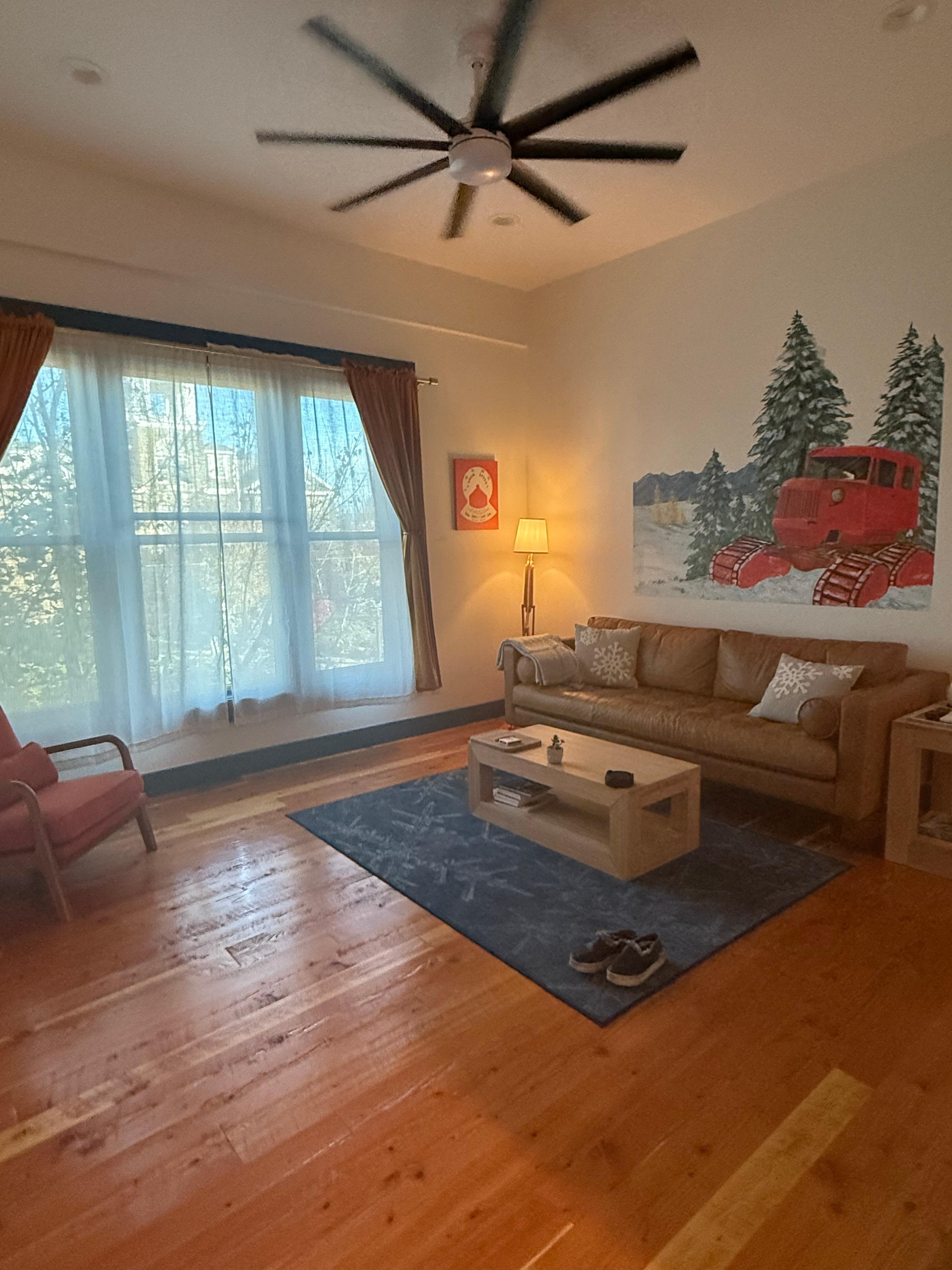 Spacious living area with surprisingly large tv & fan!