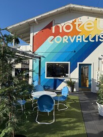 Seats outside to enjoy drinks & snacks for sale