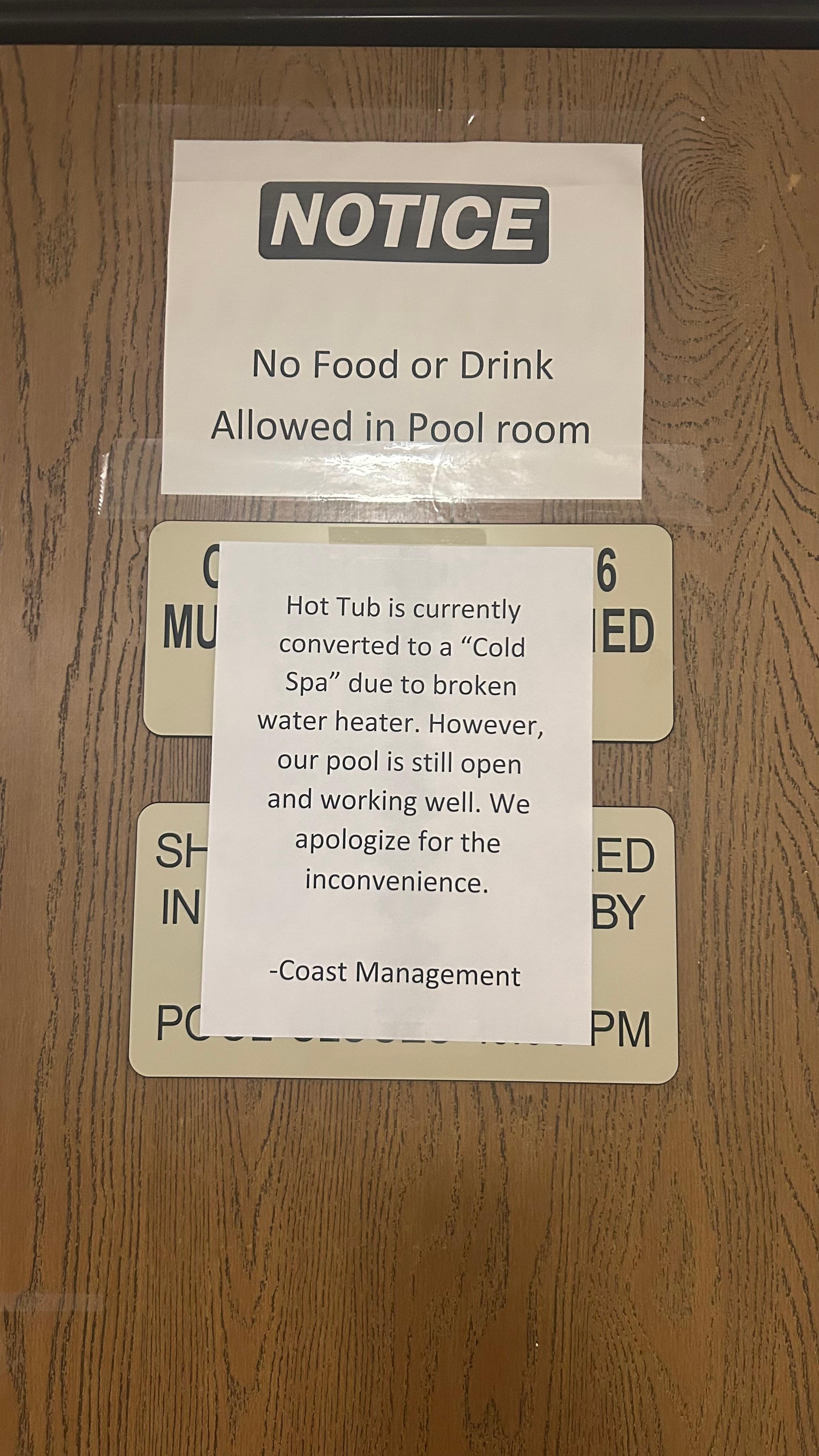 Broken hot tub. I even called ahead to verify they had a hot tub & when we arrived, I brought it up with the gal at the front desk she said, “well, it *is* operating. It’s just currently a ‘cold spa’.”