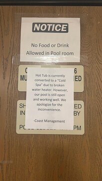 Broken hot tub. I even called ahead to verify they had a hot tub & when we arrived, I brought it up with the gal at the front desk she said, “well, it *is* operating. It’s just currently a ‘cold spa’.”