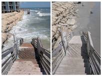 Looking East up the beach. Difference between high and low tide.