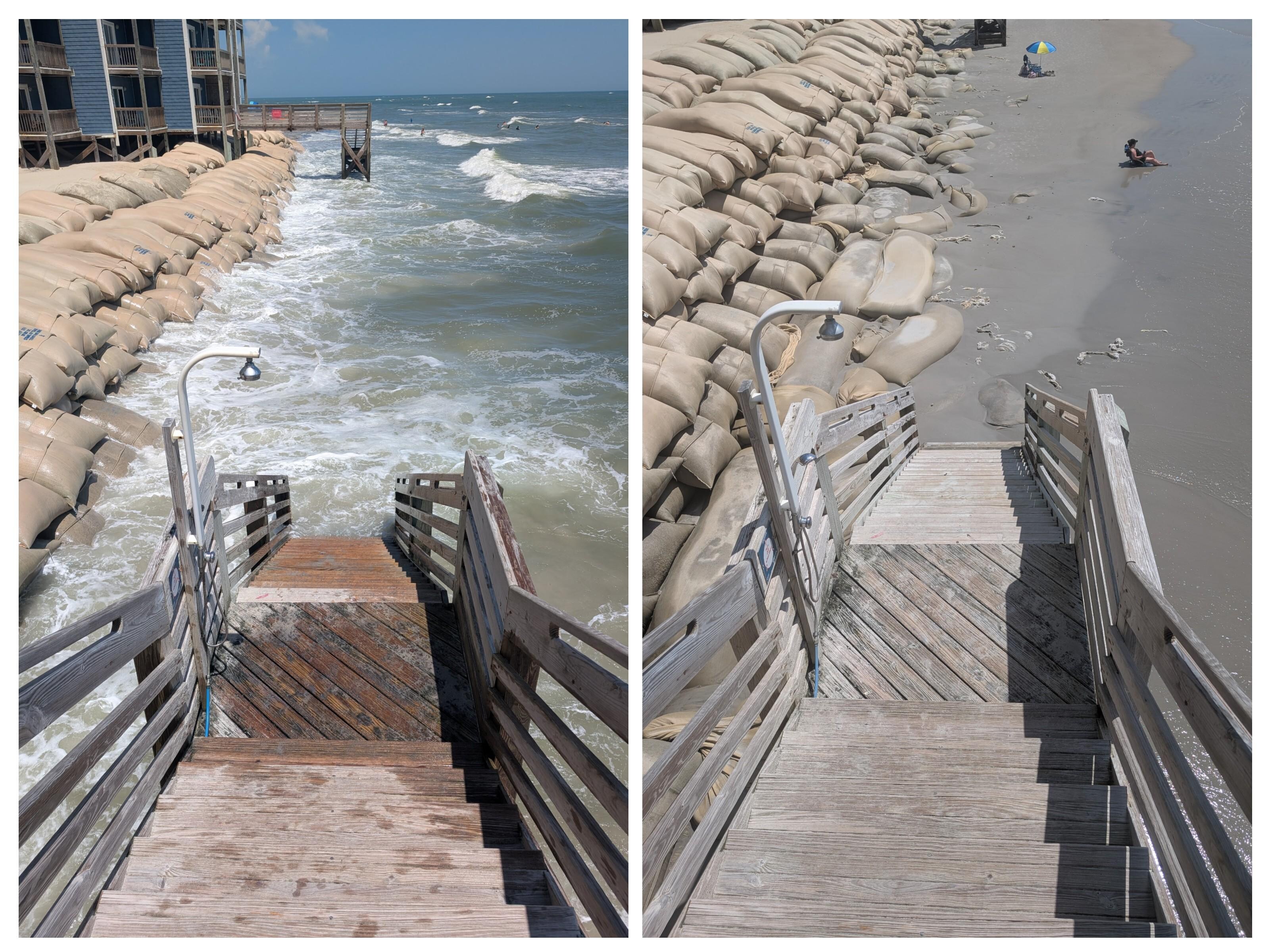 Looking East up the beach. Difference between high and low tide.