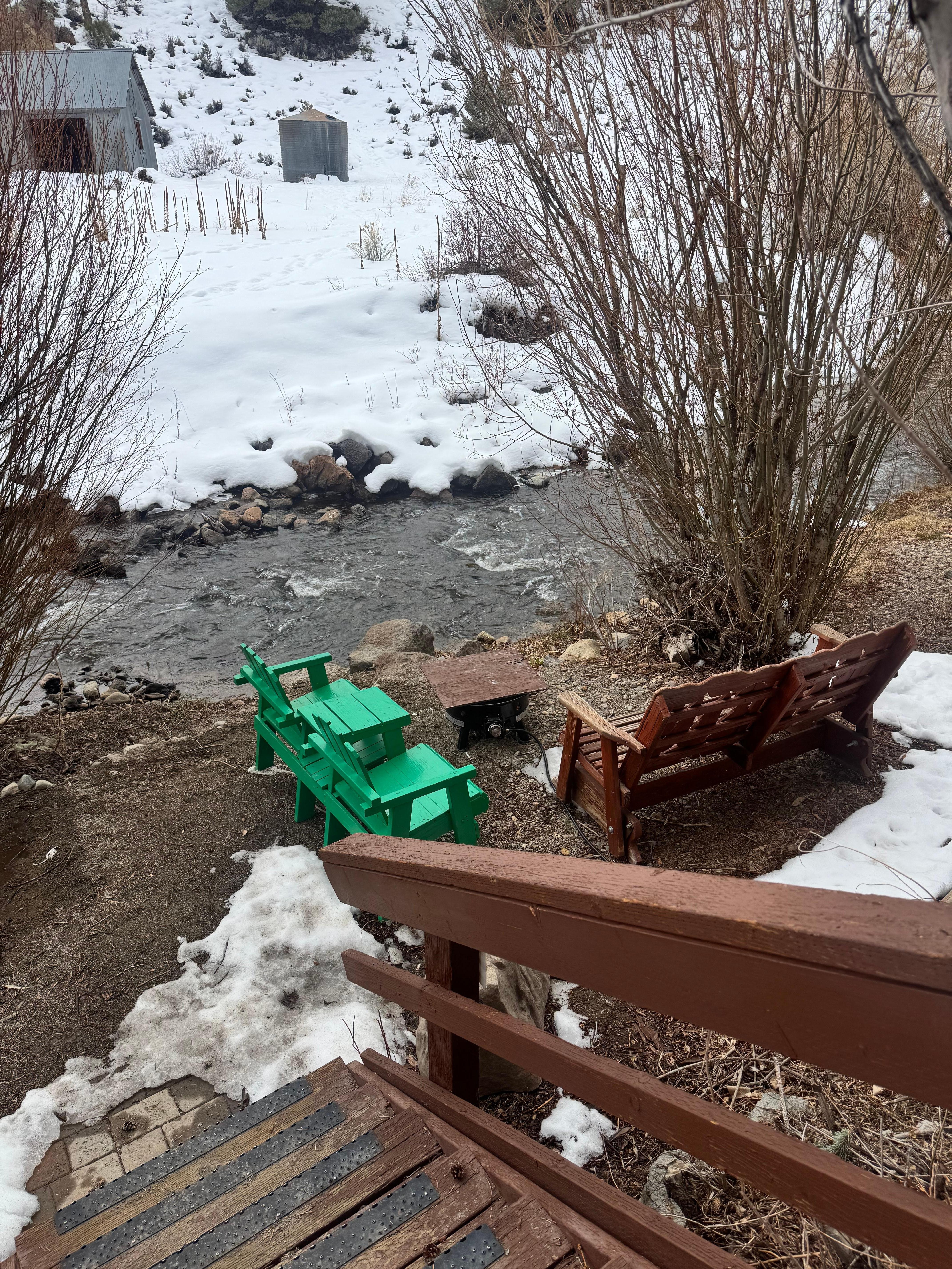 Creek and fire pit just off the cabin