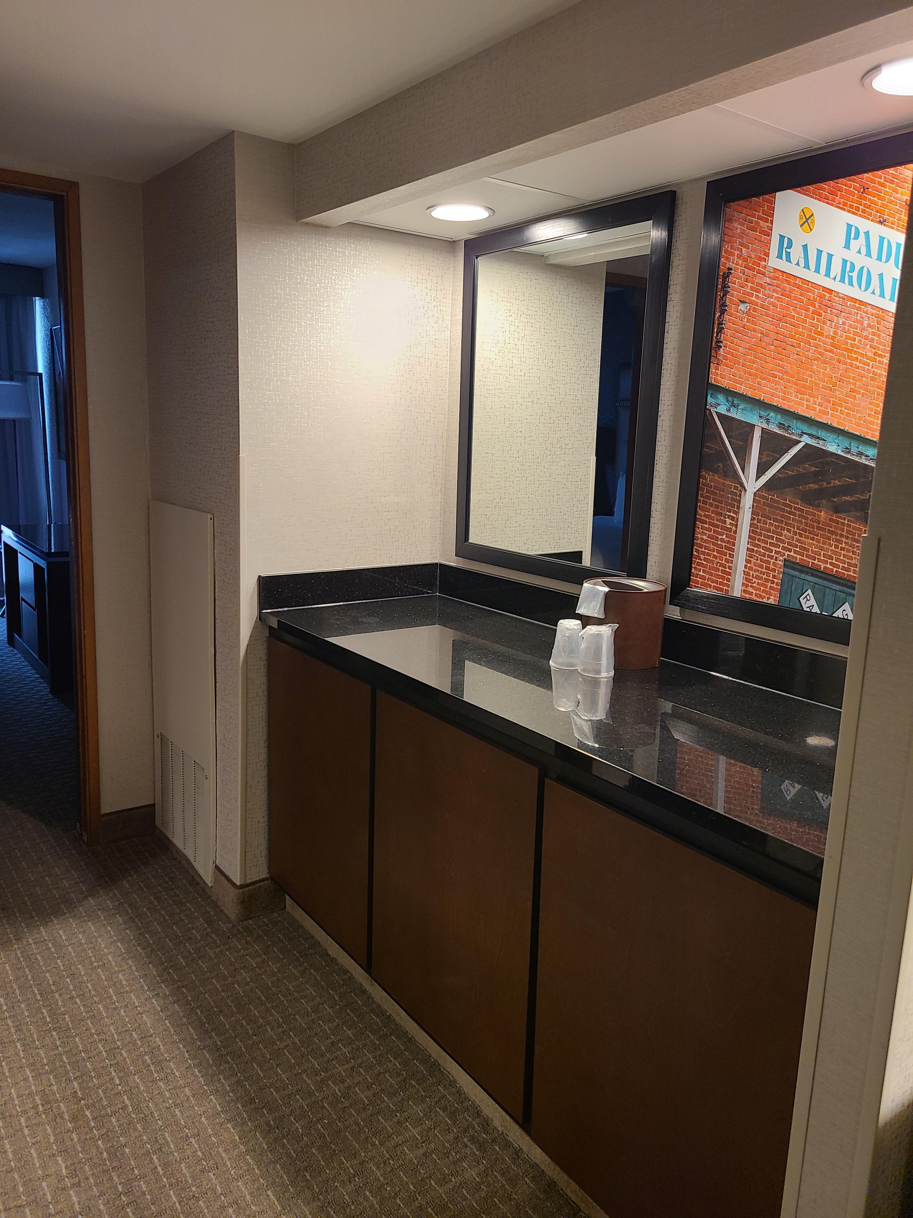 Extra counter space in the hallway from the living room to the bedroom