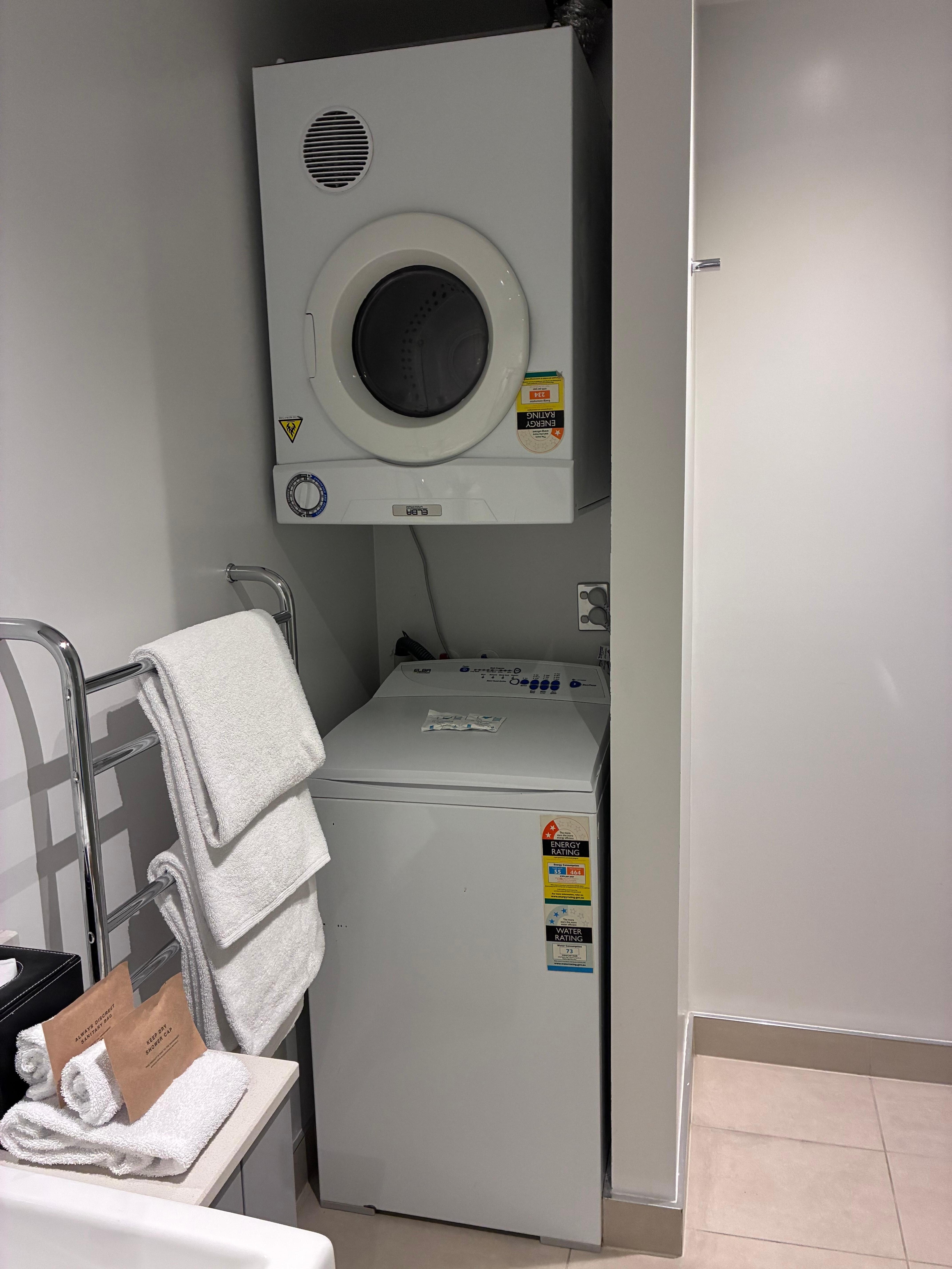 Washer and dryer in the bathroom so you can do your laundry. Washing powder supplied.