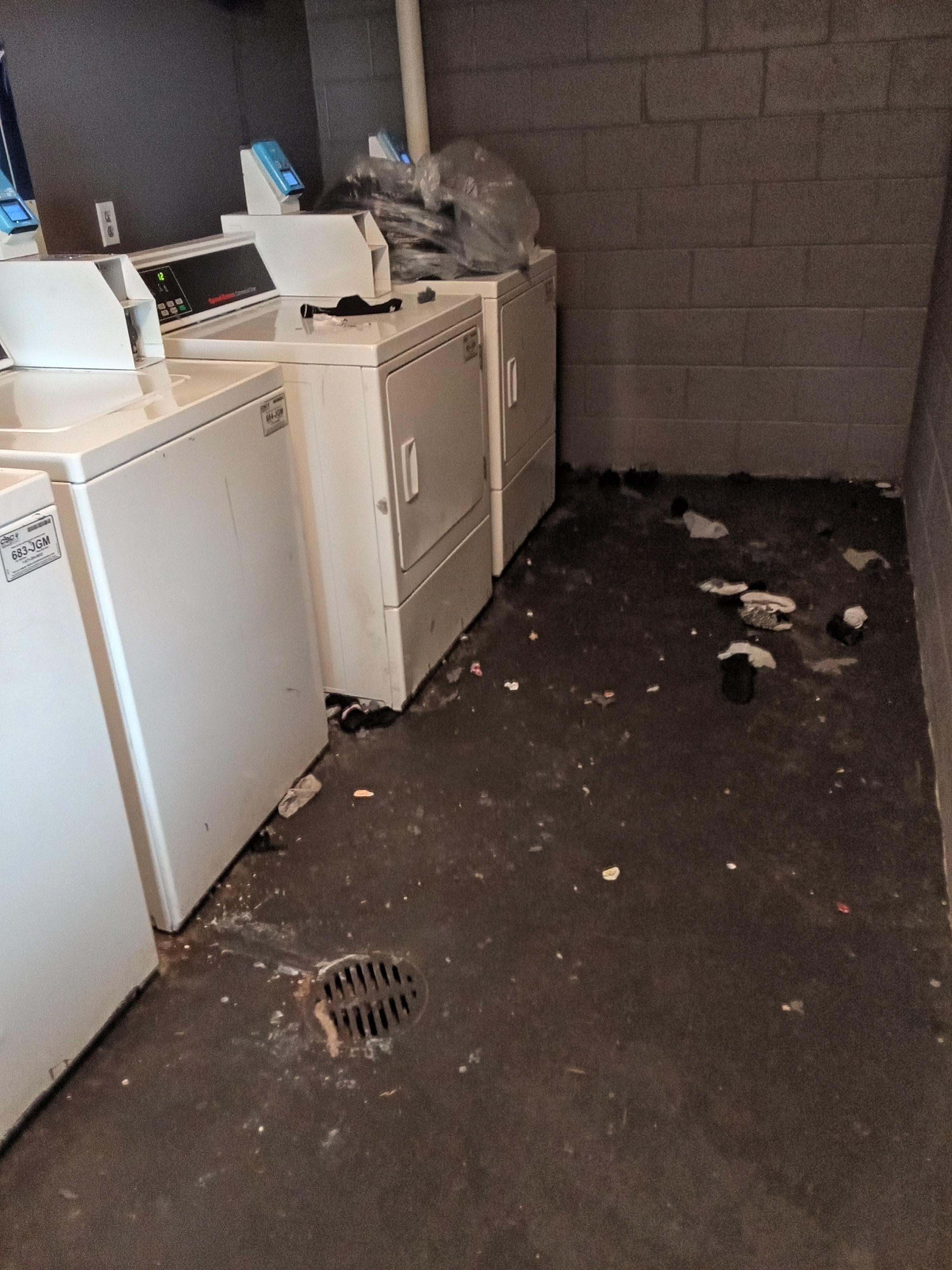 Rubbish on ground, lint from dryers and old clothes.
Filthy.