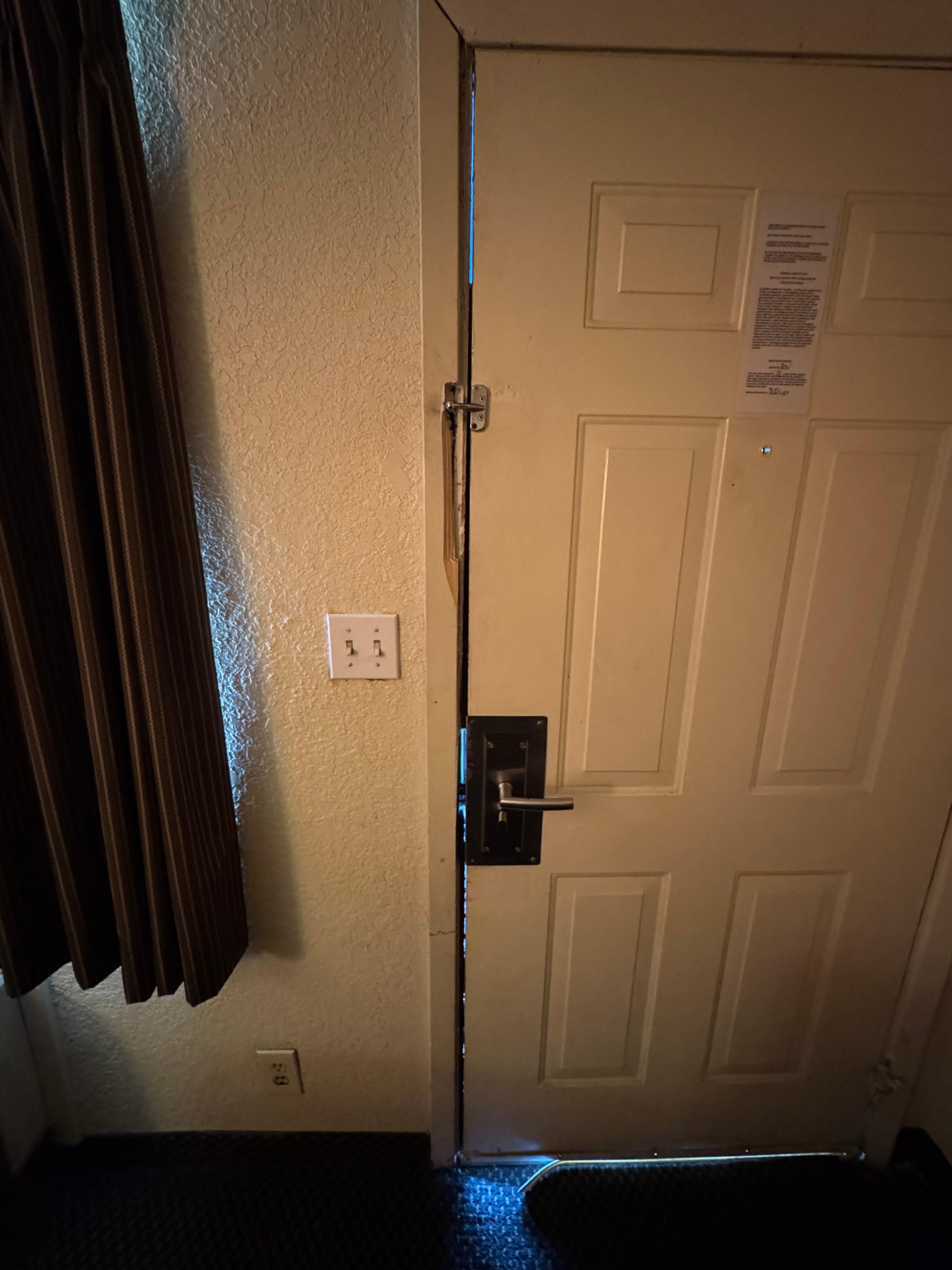 No top latch, seems like it had been kicked in, gaps all around. The floor was not level.