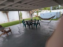 Pool (we had to fill it up) and backyard