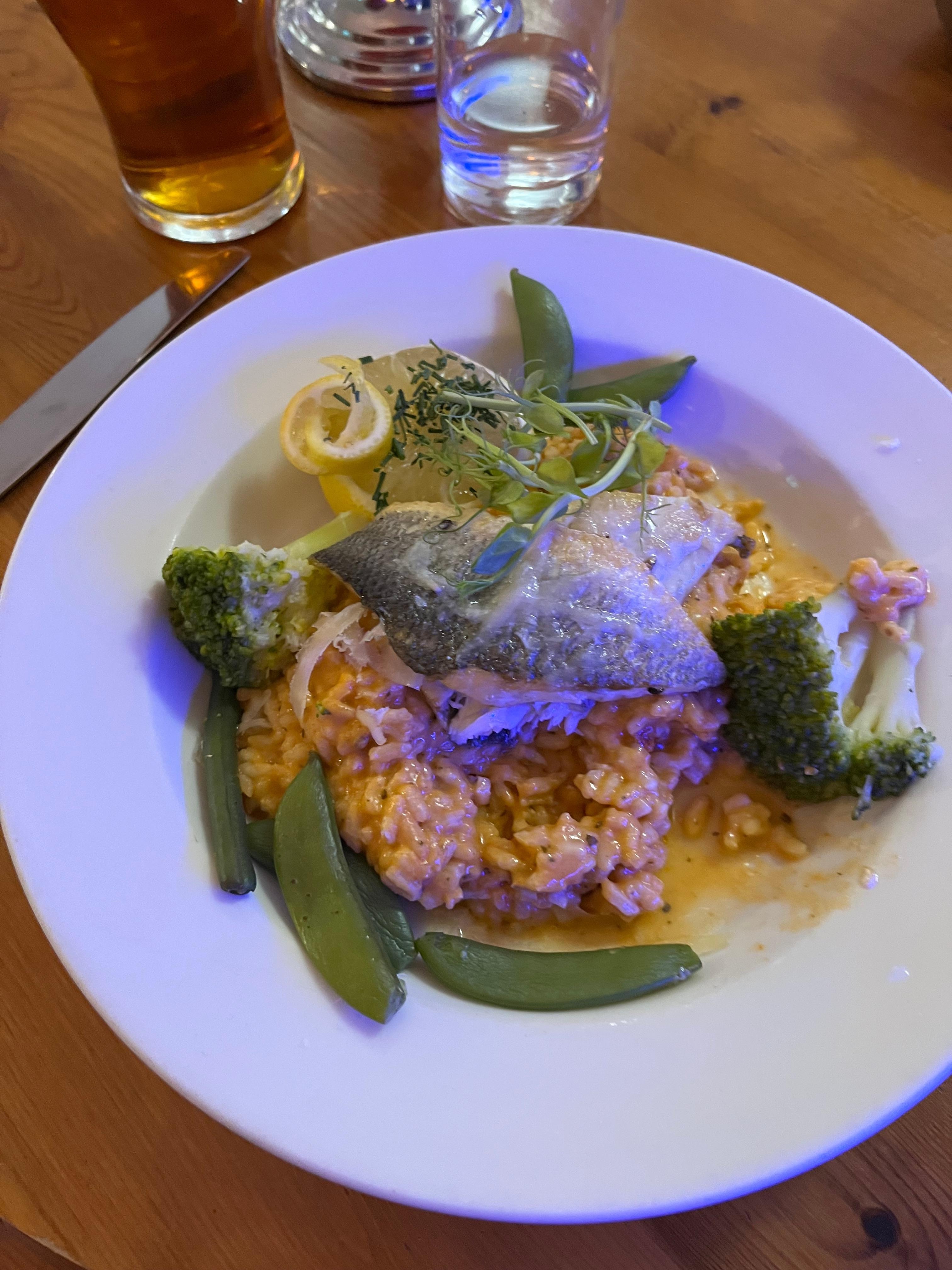Fresh caught local fish special of the day on a risotto.