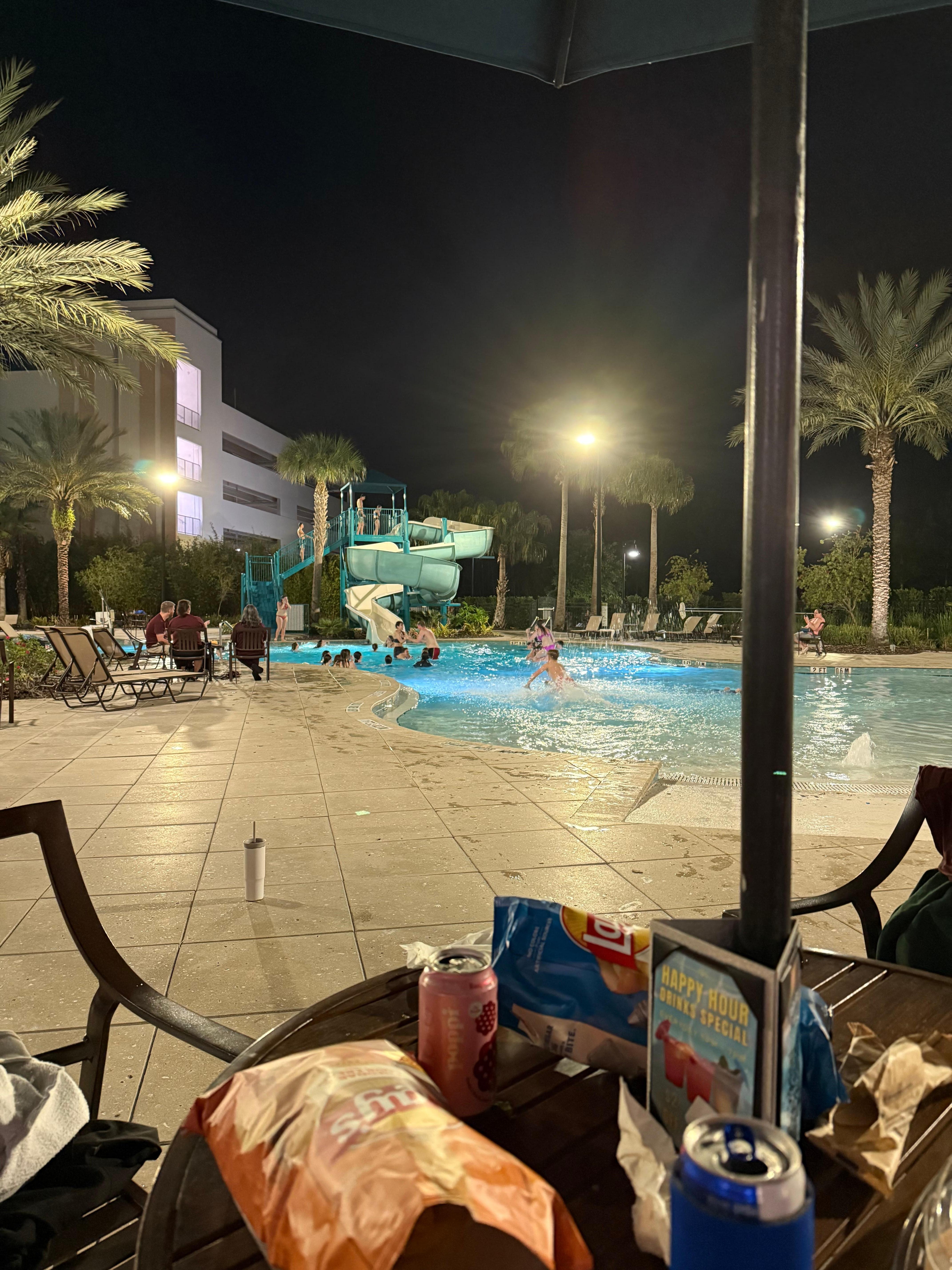 View of pool at night time