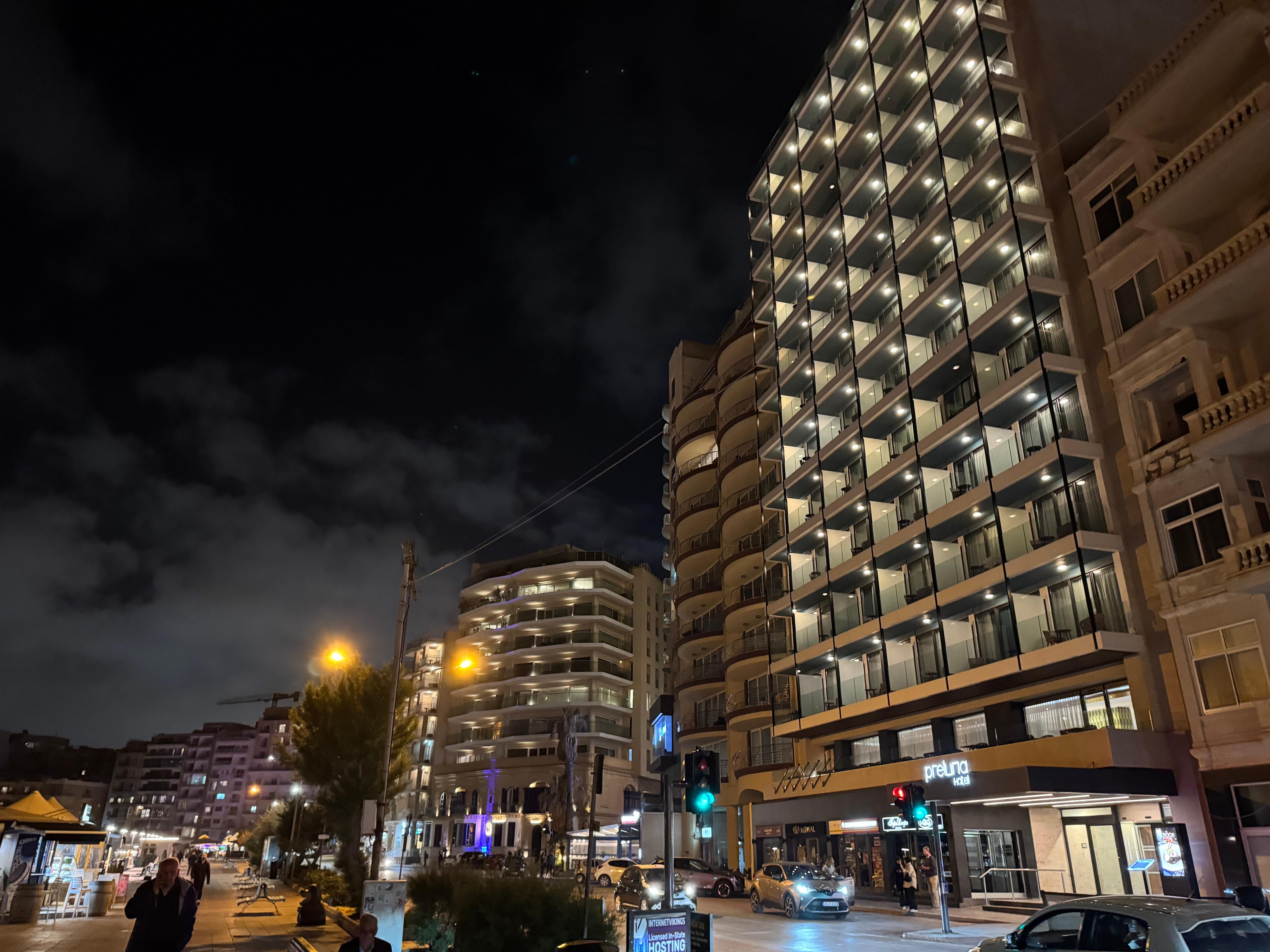 Outside of hotel in the evening.