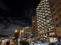 Outside of hotel in the evening.
