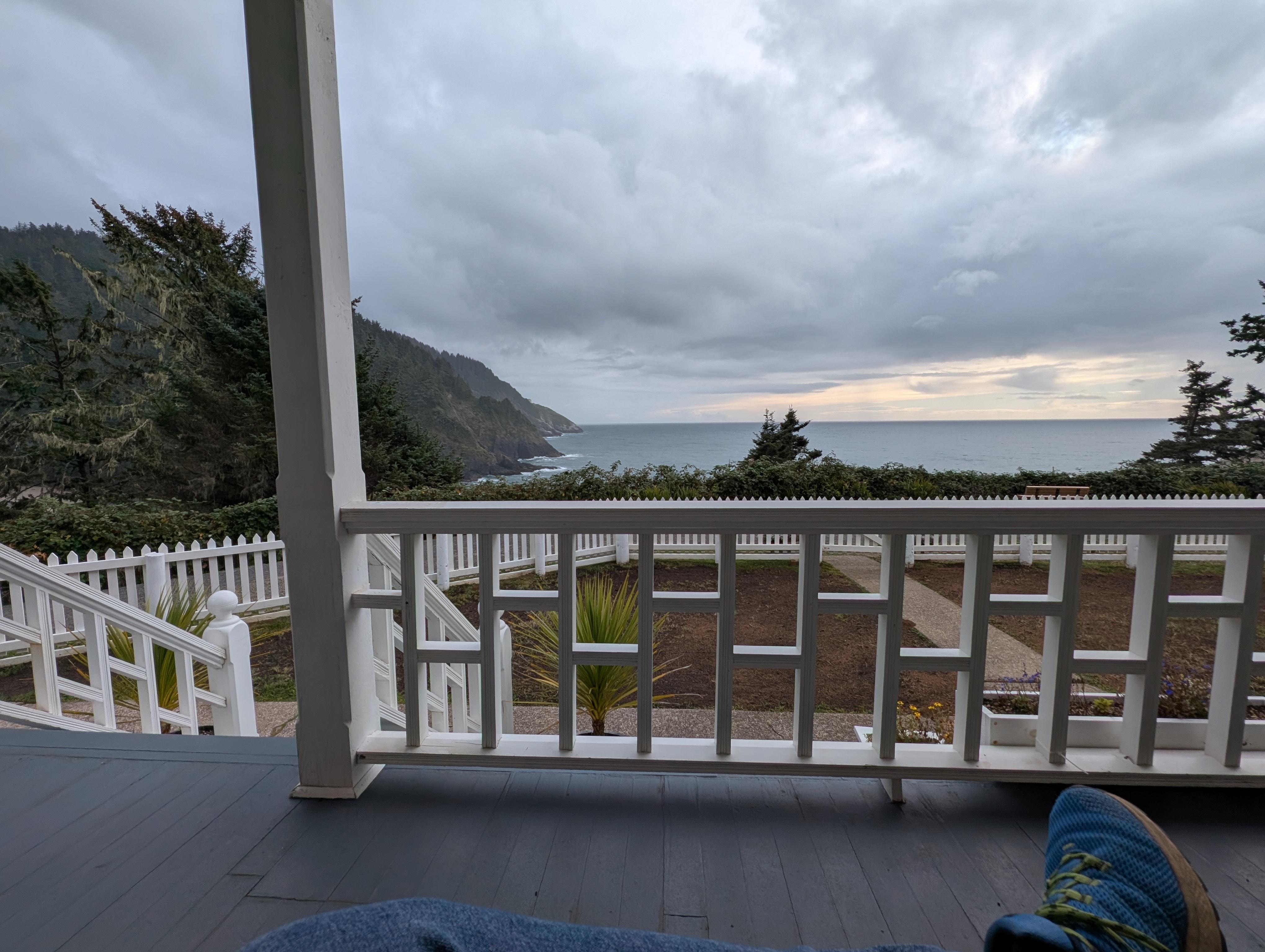 Sitting on the front porch, lap blankets included.