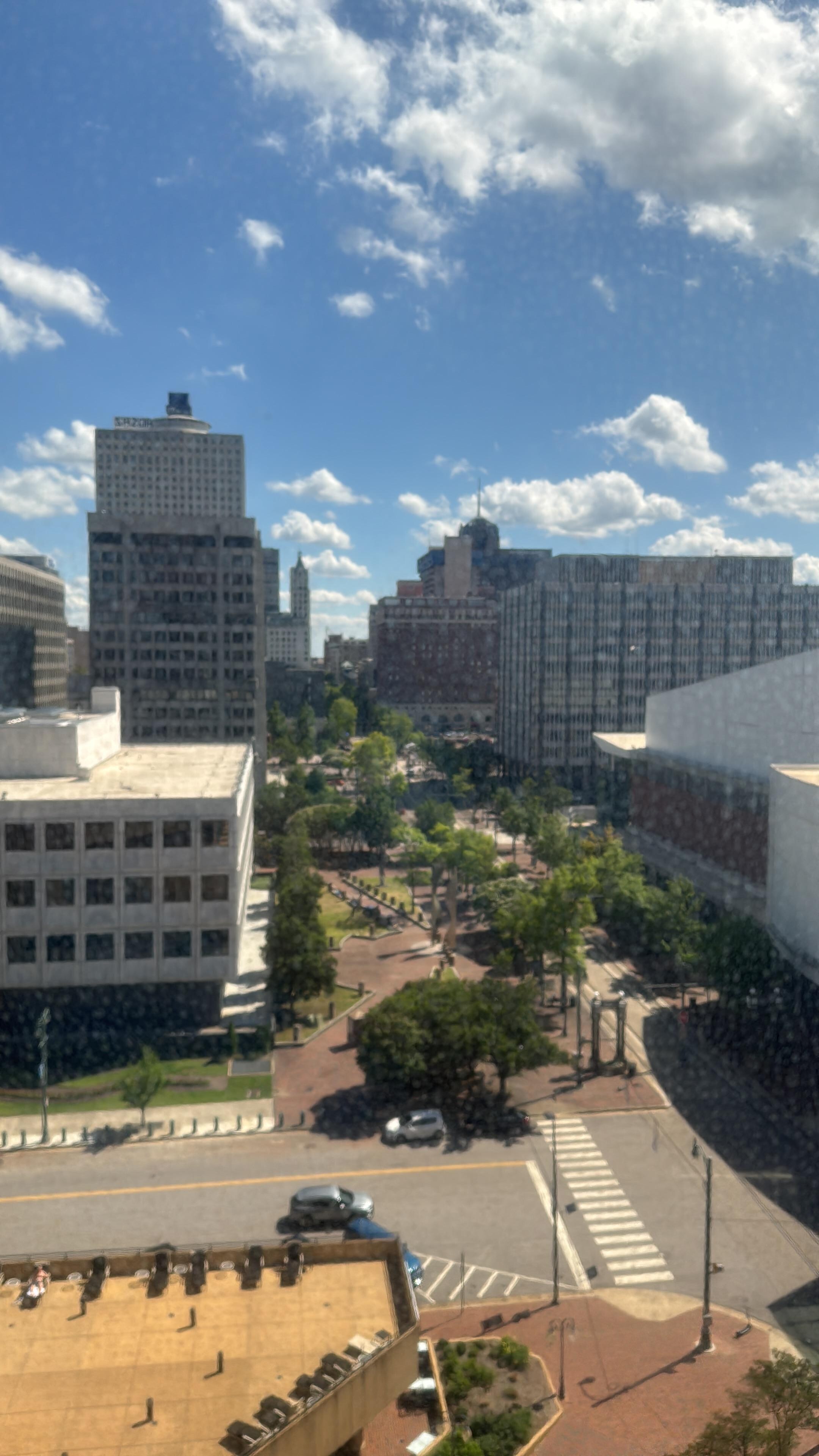 The north entrance to the Memphis Main St Mall from 10th floor of Sheraton.  The Cannon Center for Performing Arts on the right. 