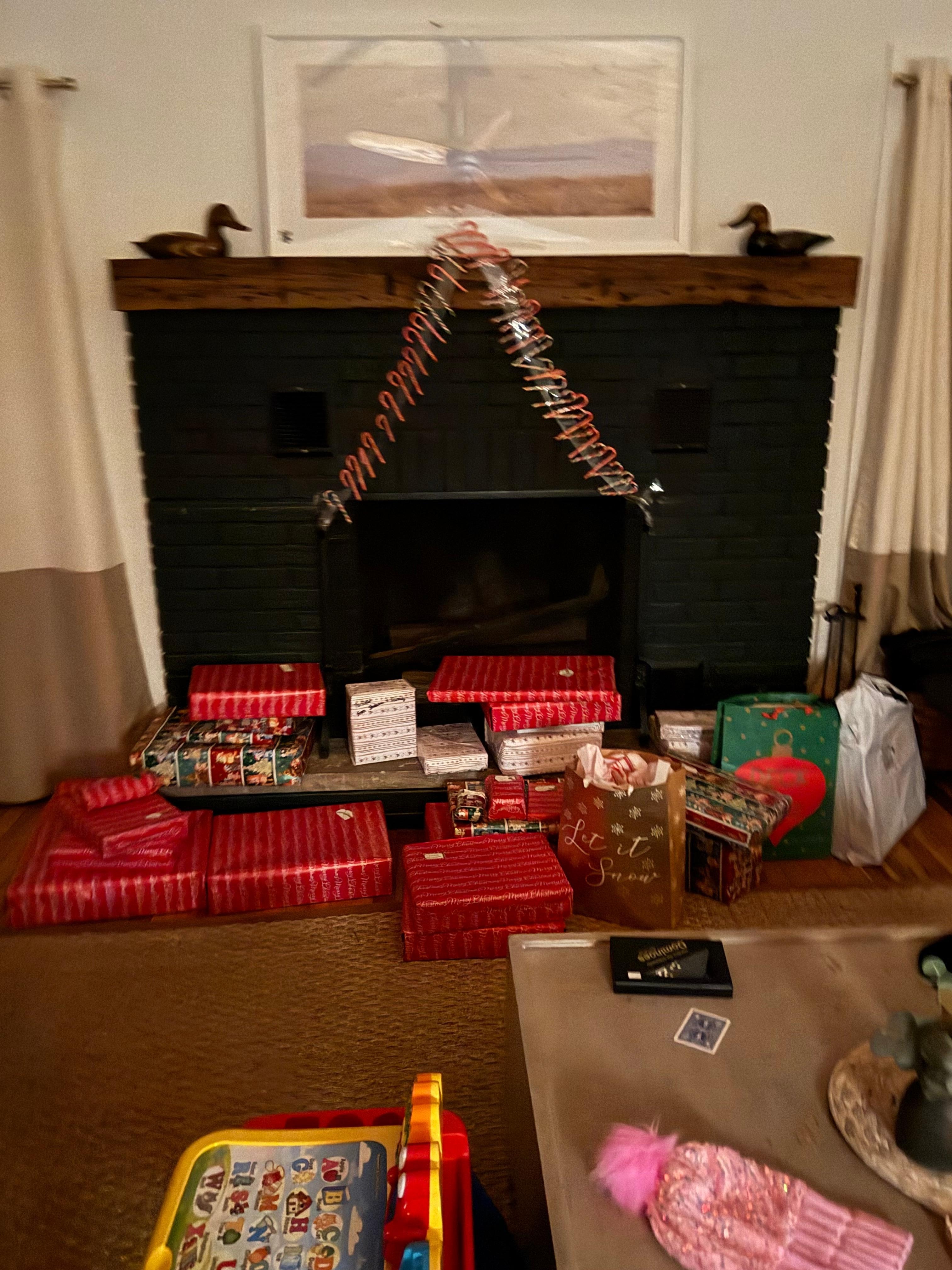 We forgot our tree so we made a Christmas tree out of candy canes. 