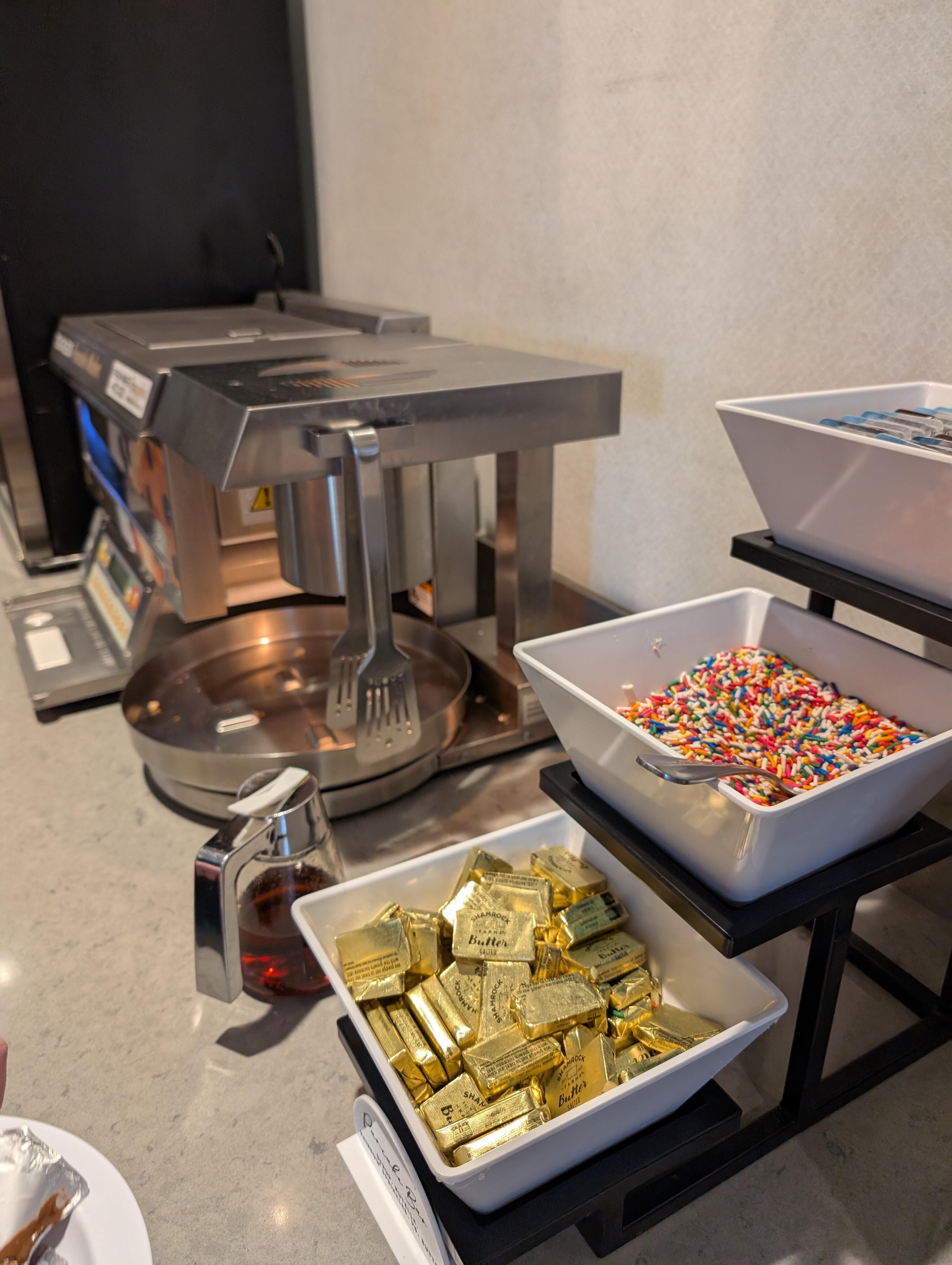 Pancake machine with a variety of topping options. 