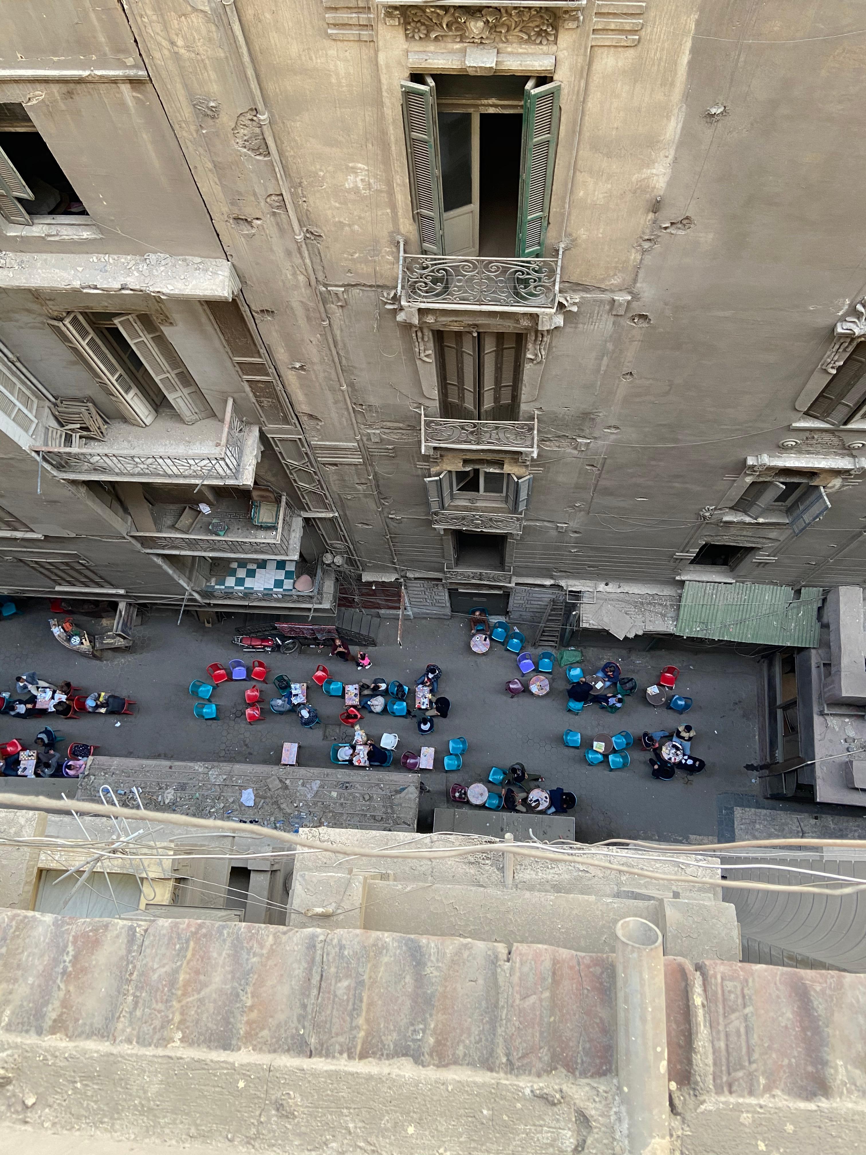 View of cafe seating from balcony