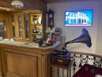 The hotel lobby -- the ancient gramophone and, behind it, an equally antiquated typewriter, are part of the hotel's ambience -- to give a sense of history.