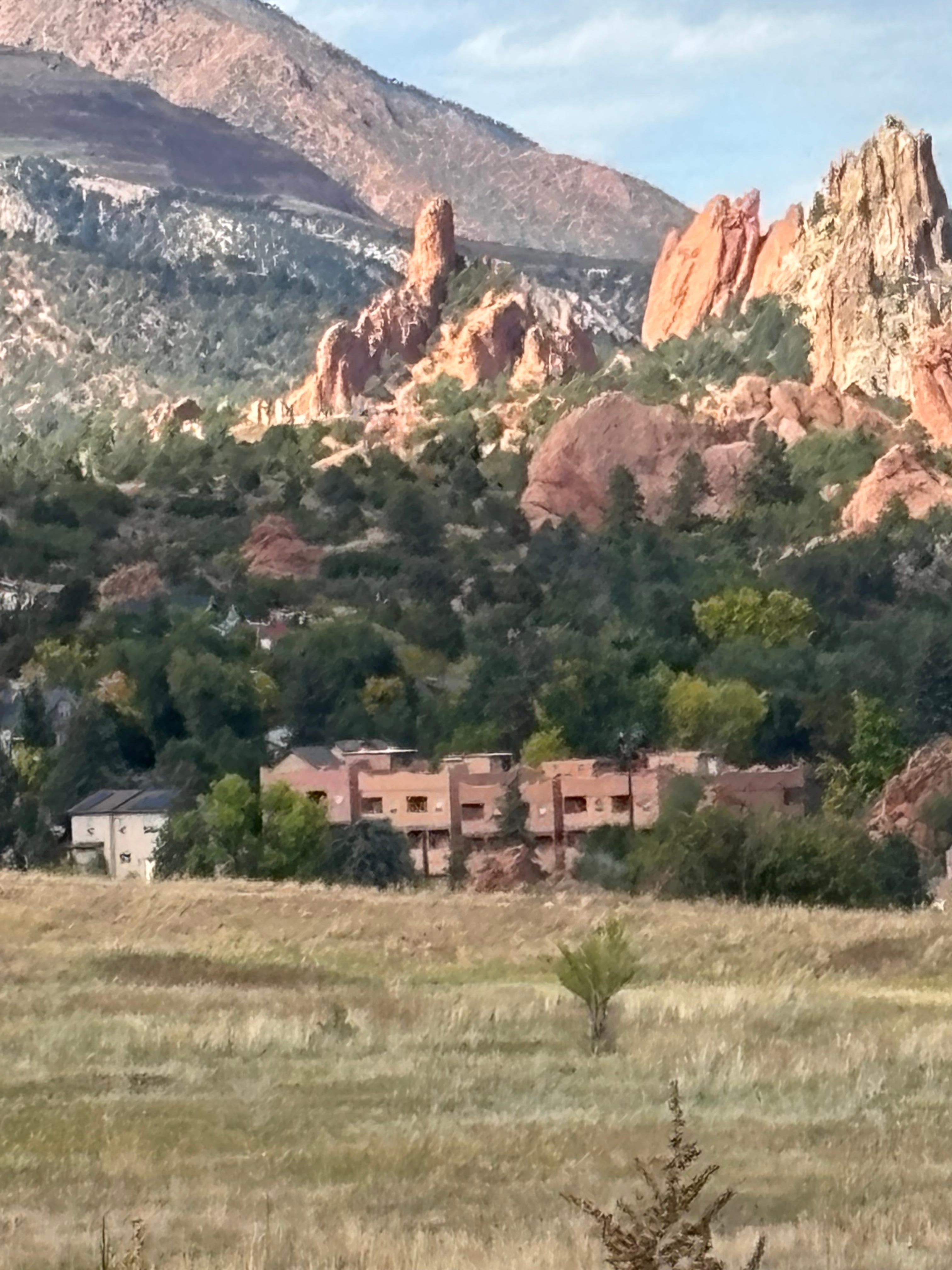   While hiking in Red Rock Canyon we caught a view of the property.  The beige home to the left in the forefront of the photo.  Garden of the Gods out the back door!