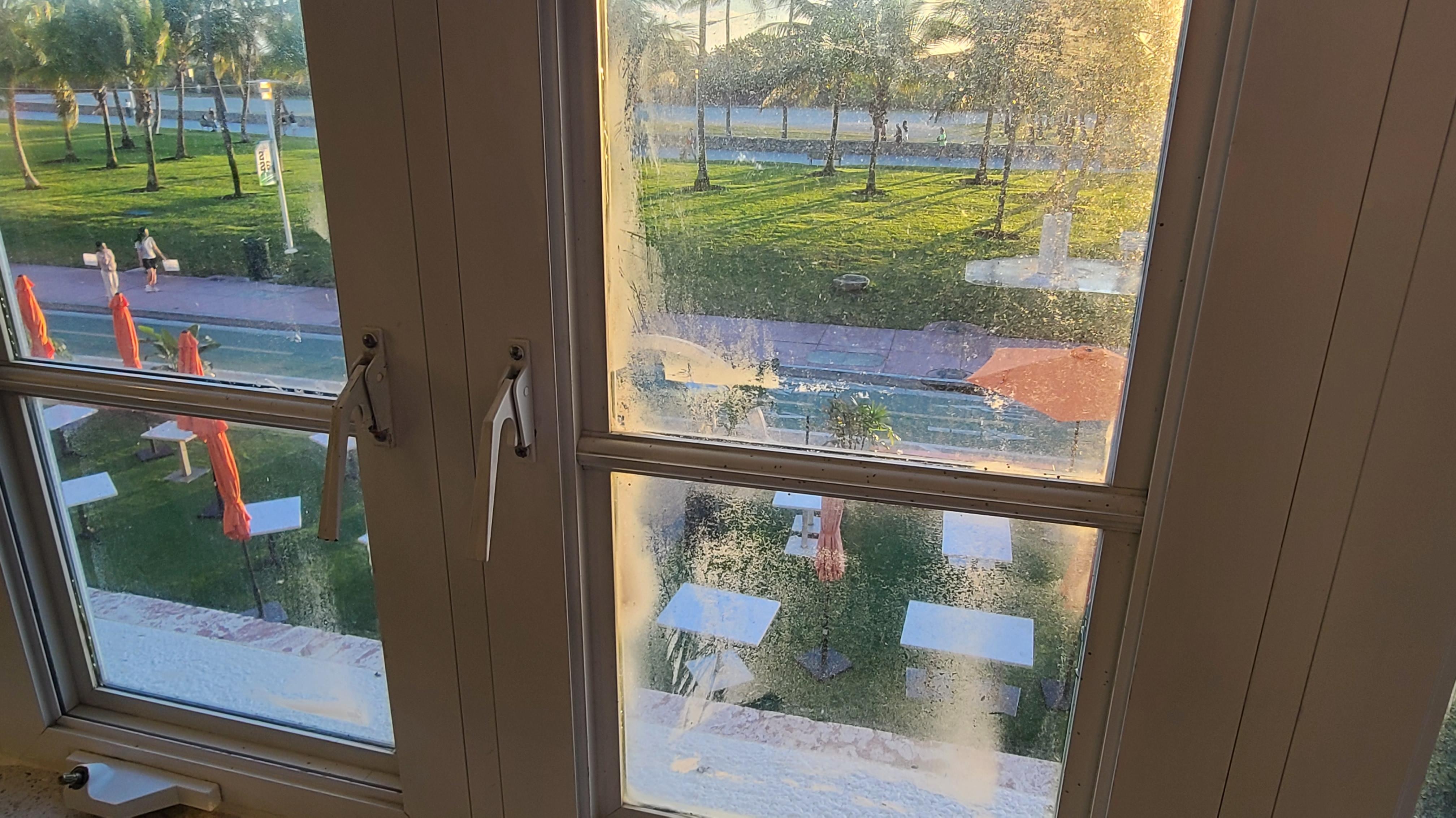 Dirty and painted windows.  They would not clean them.