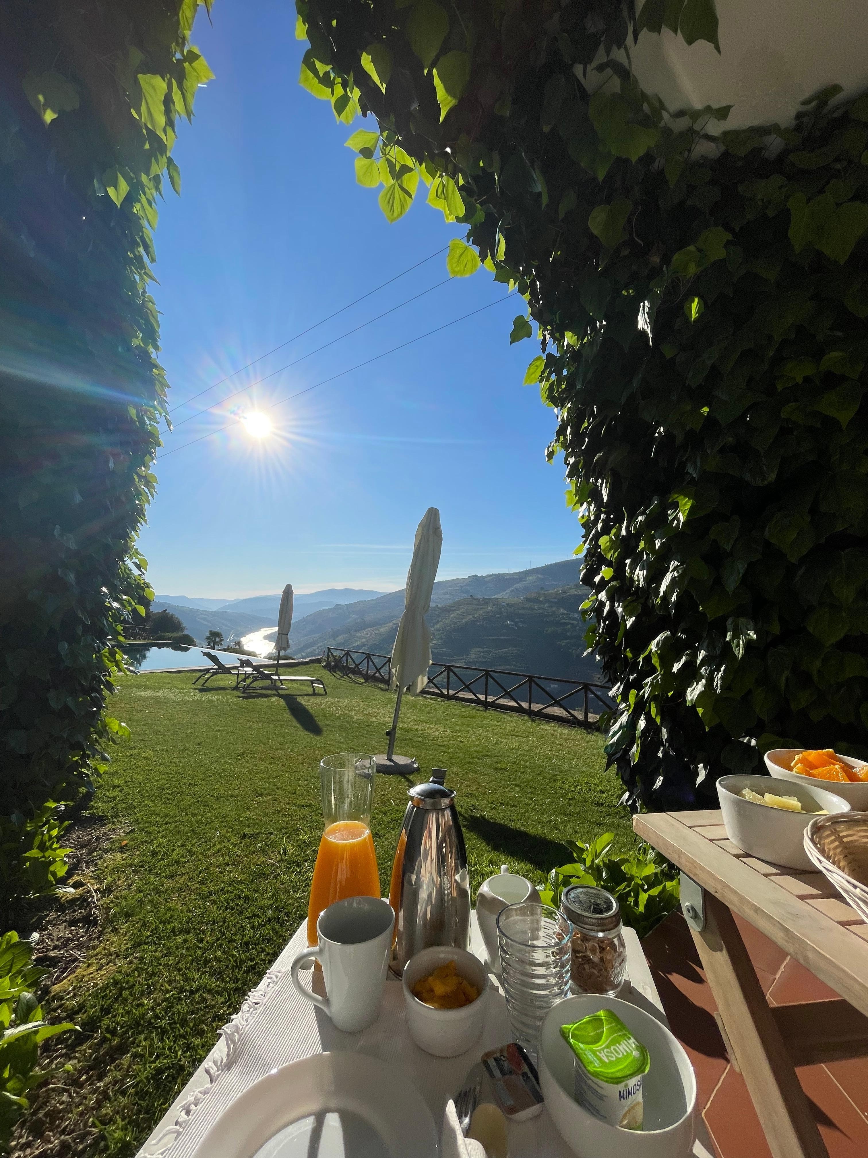 Frokost servert i piknikkurv ute.