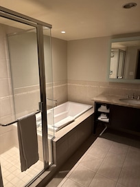 The separation of both shower and tub along with a separate door for the toilet brought space and peace to us both