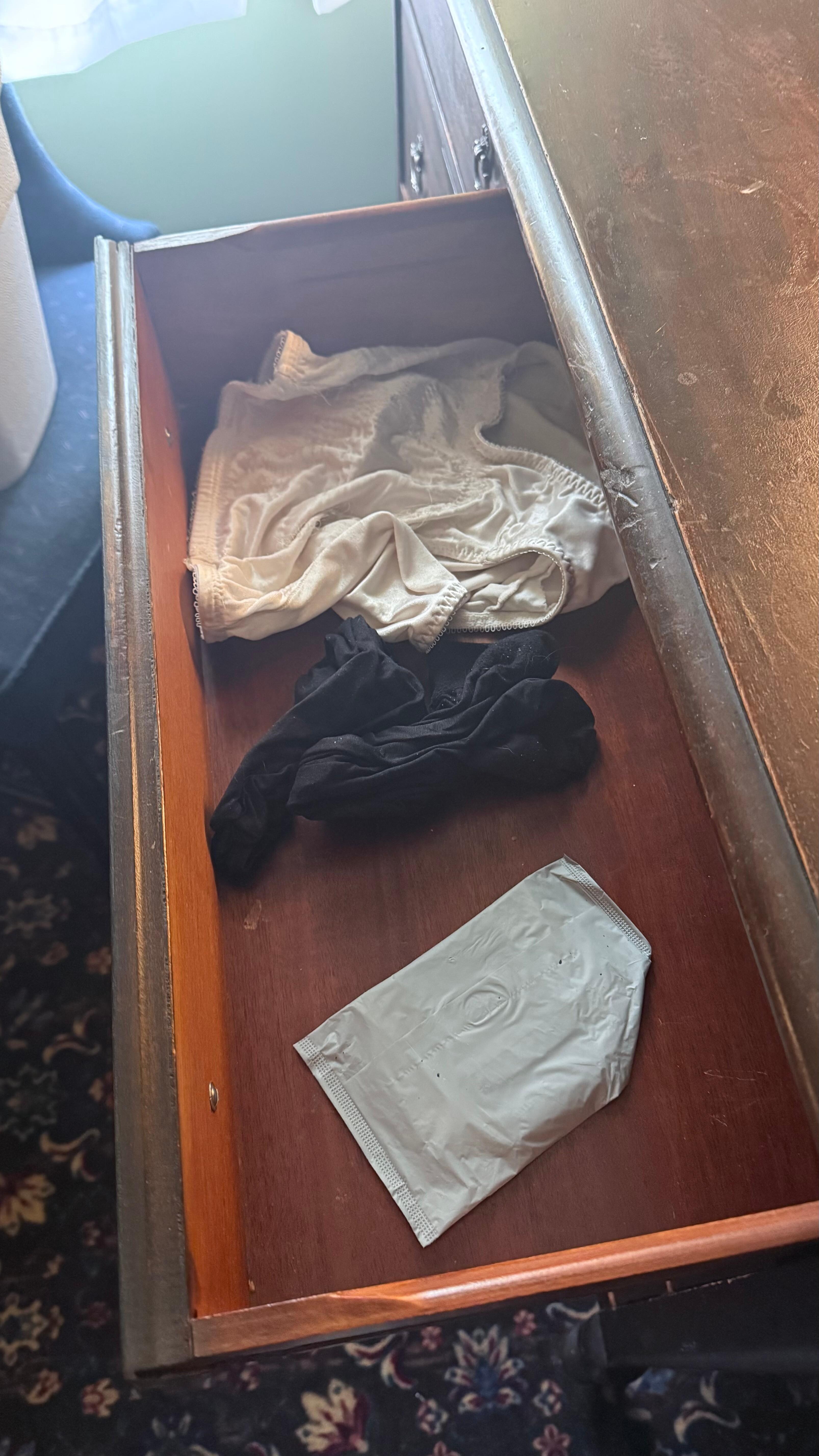 Underwear, pantyhose, and sanitary pad I found in the drawer.