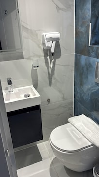 Sink, makeup mirror and toilet