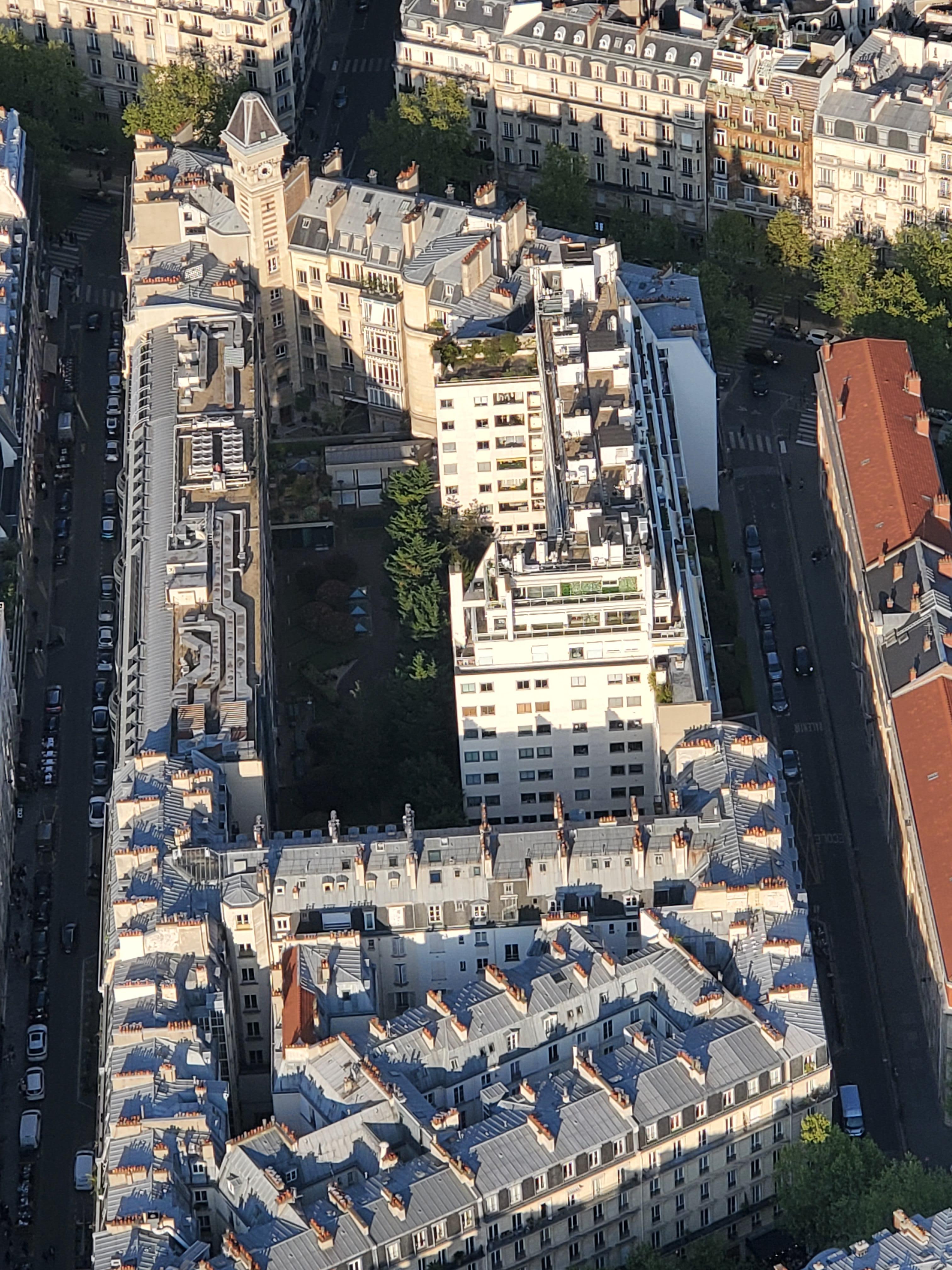The apartment and neighborhood as seen from the Eiffel Tower.
