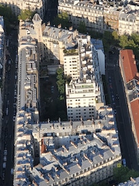 The apartment and neighborhood as seen from the Eiffel Tower.