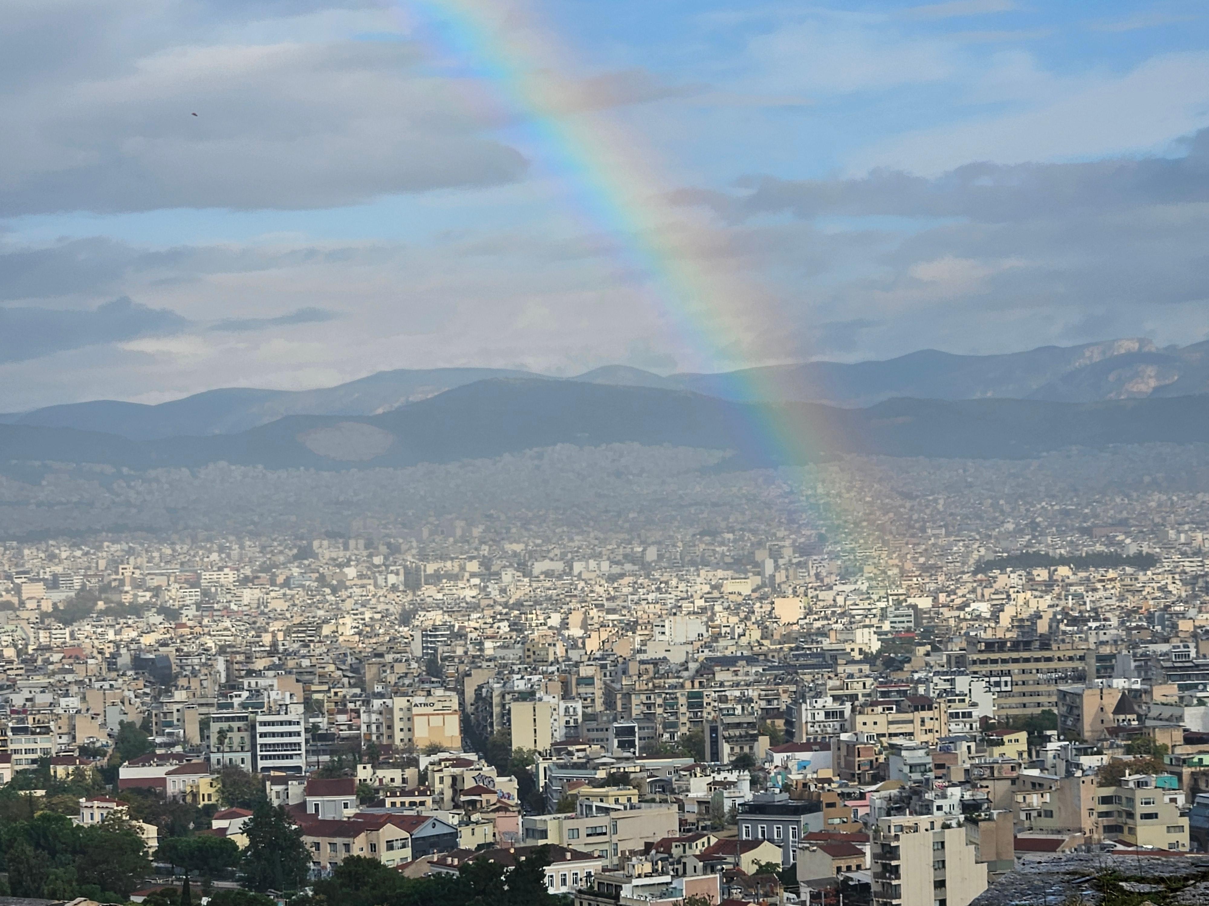 Rainbow over the Acropolis.  Gorgeous!