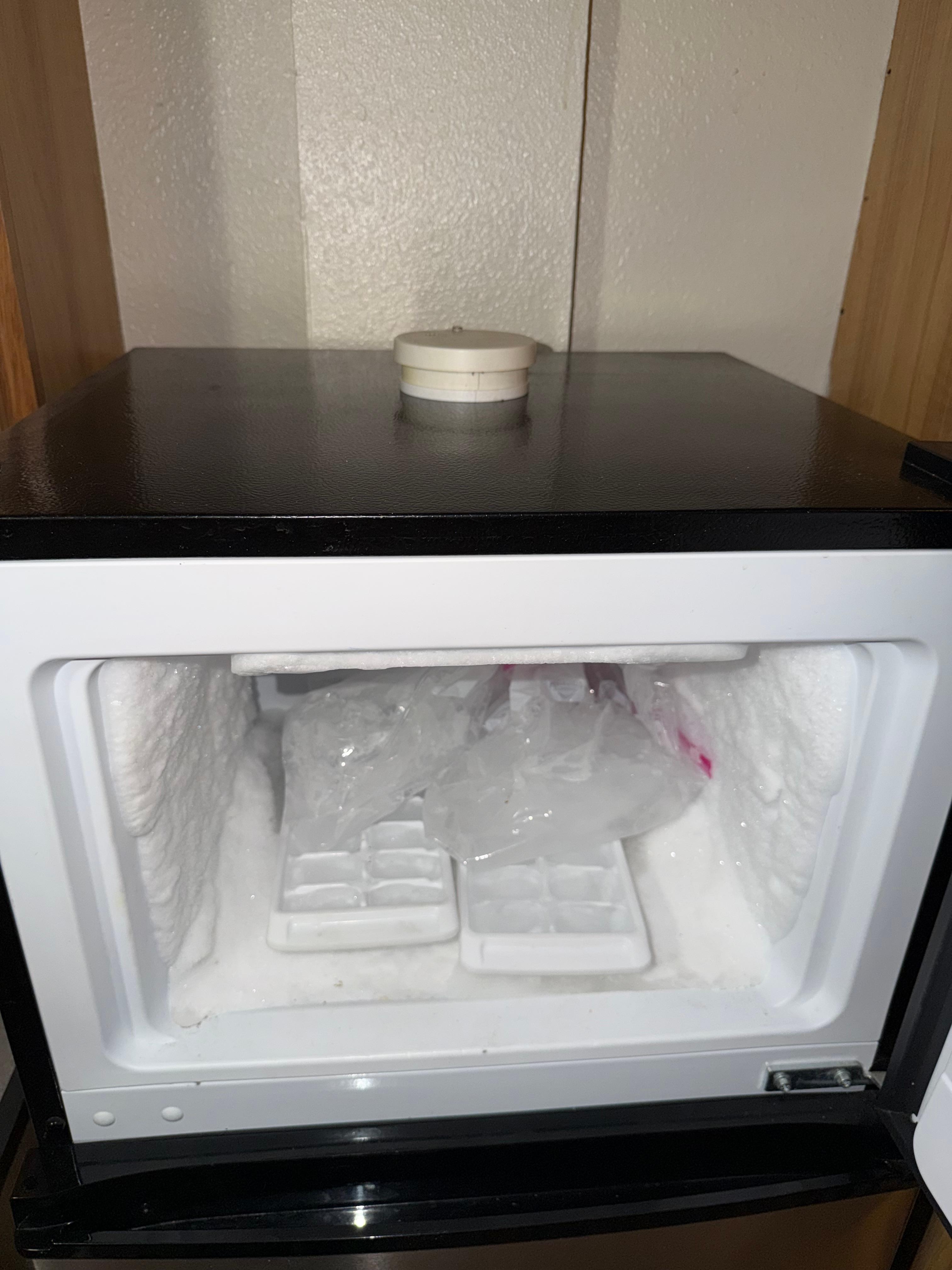 Smoke detector on fridge with ziplock bags of ice. 
