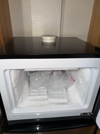 Smoke detector on fridge with ziplock bags of ice.